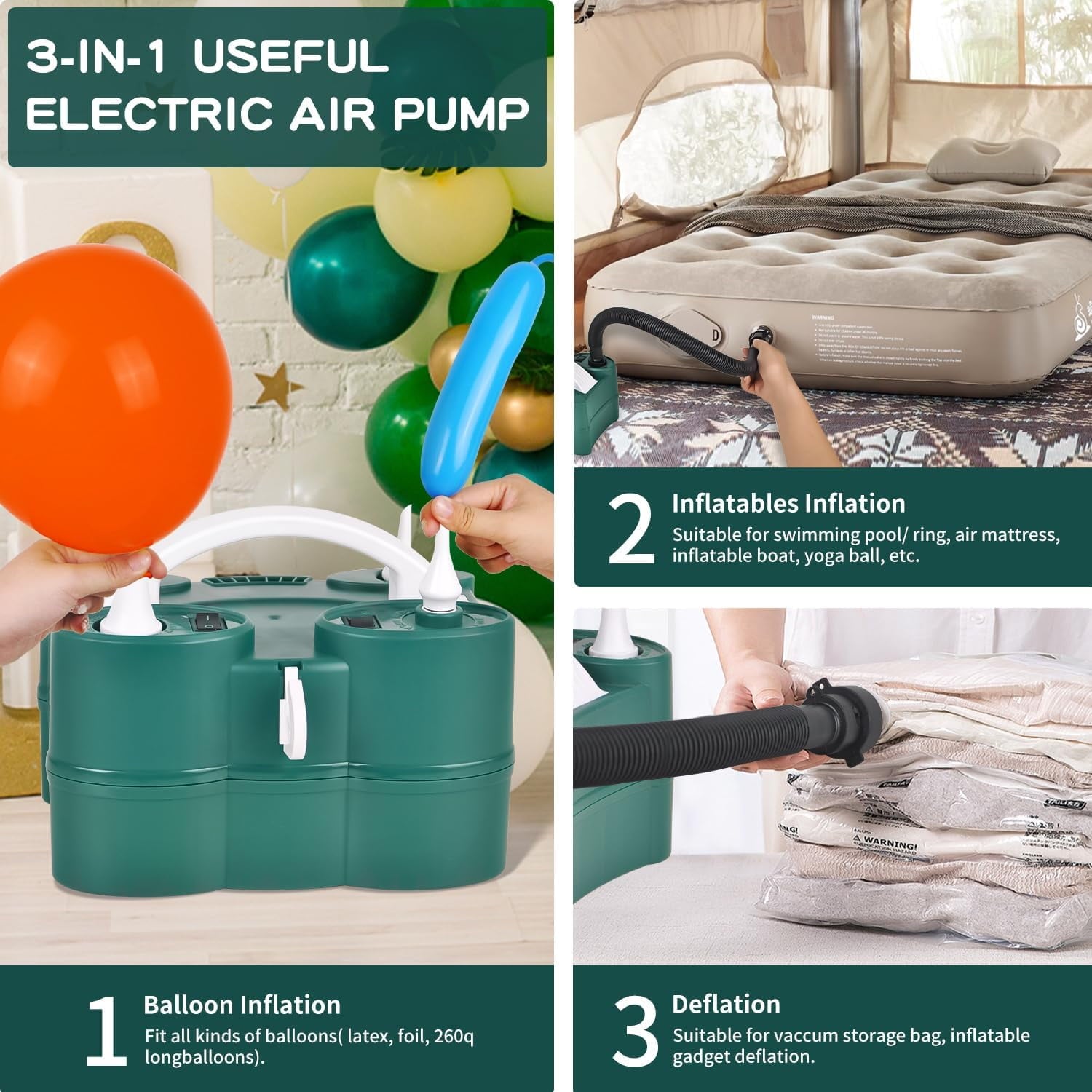 Wiher Balloon Pump, 3-in-1 Portable Electric Air Pump for Inflatables and Balloons, with Hose Extension Quick-Fill 110V AC Inflator Deflator for Pool Floats Air Mattress Inflatables