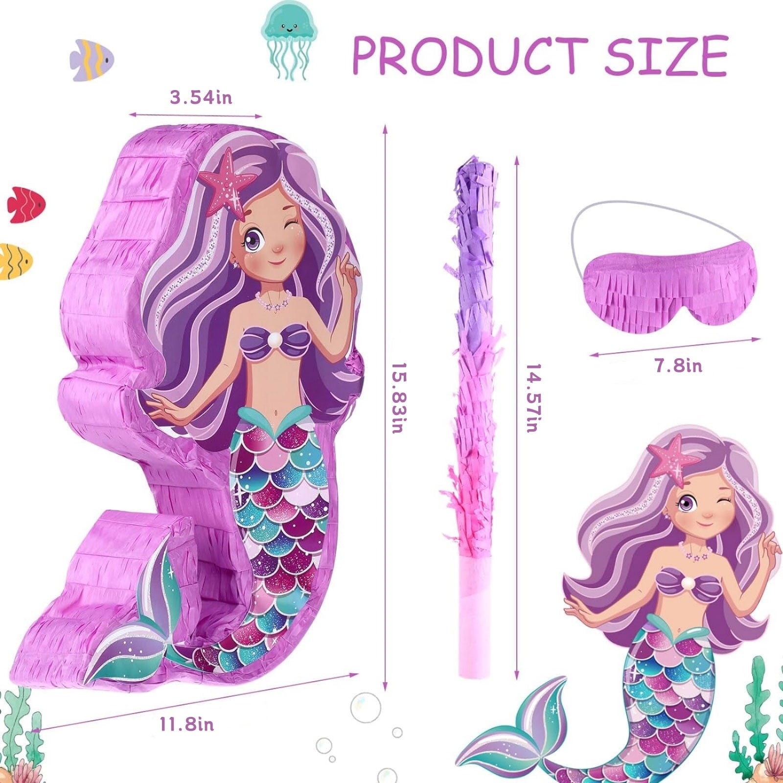 JBee Ctrl Mermaid Pinata - Mermaid Party Supplies Pinata Bundle with Blindfold and Bat for Girls Kids Ocean Theme Birthday Party Game Decorations (15.8" x 11.8" x 3.5")