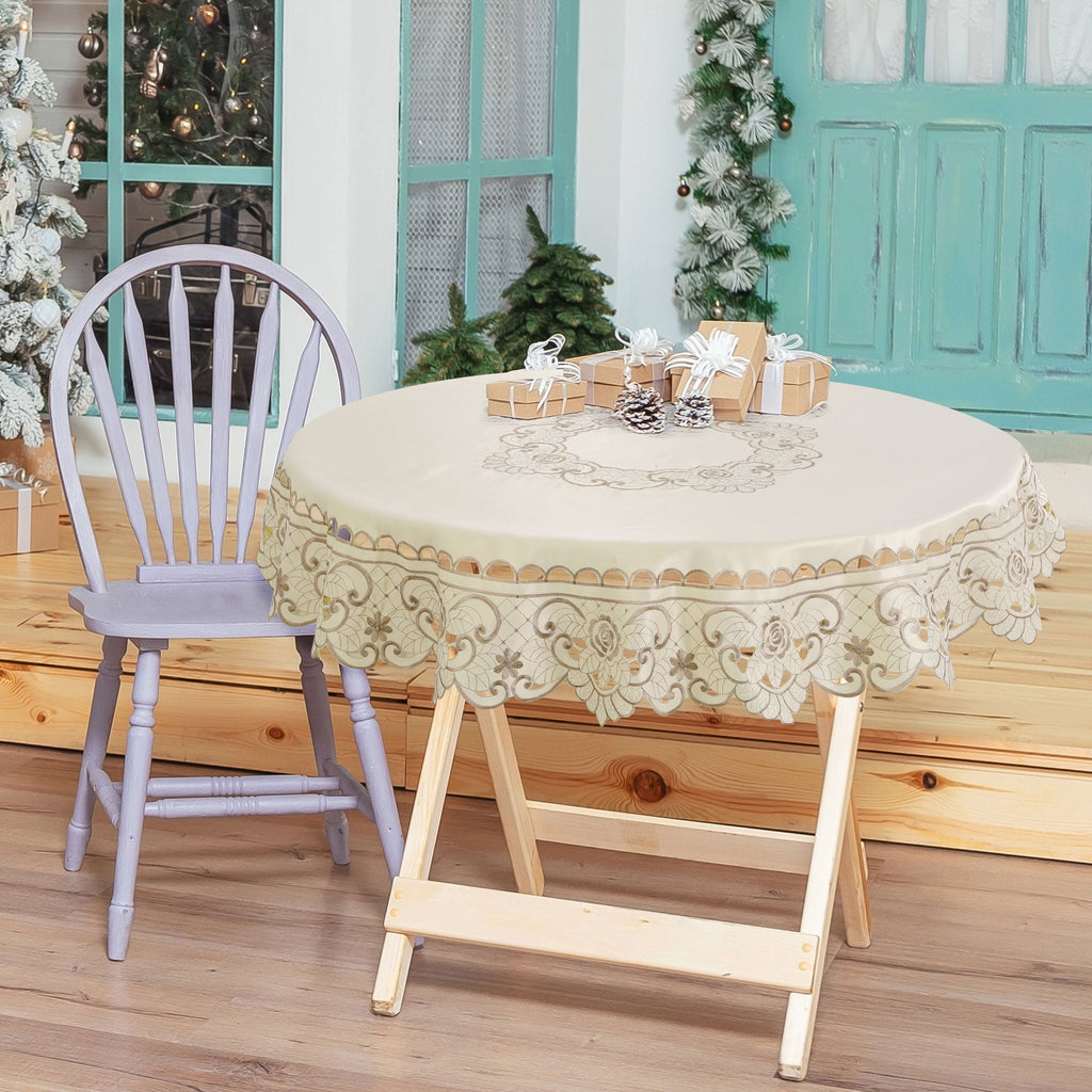 Unique Bargains Embroidered Round Tablecloth Light Beige Rose 48" Diameter