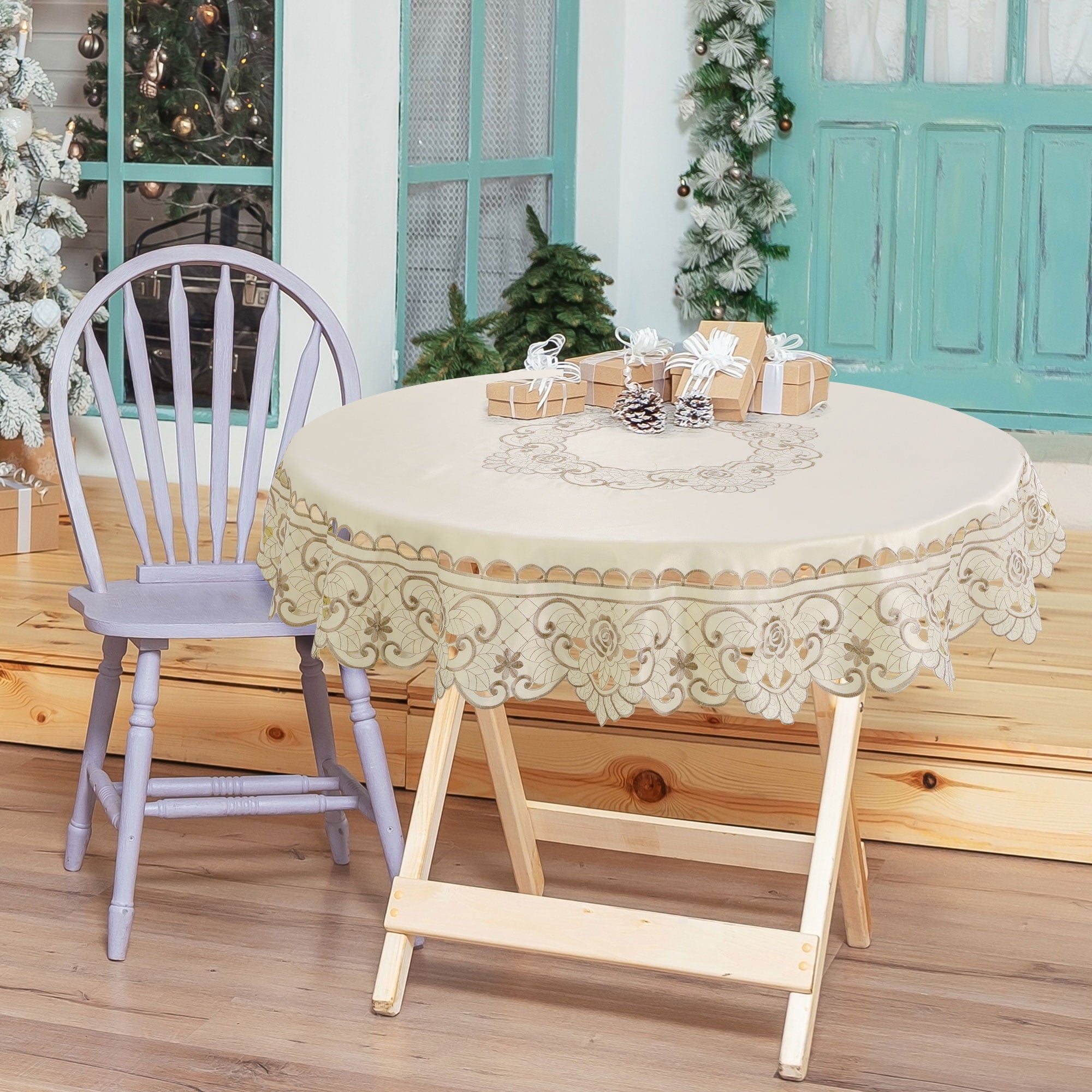 Unique Bargains Embroidered Round Tablecloth Light Beige Rose 48" Diameter