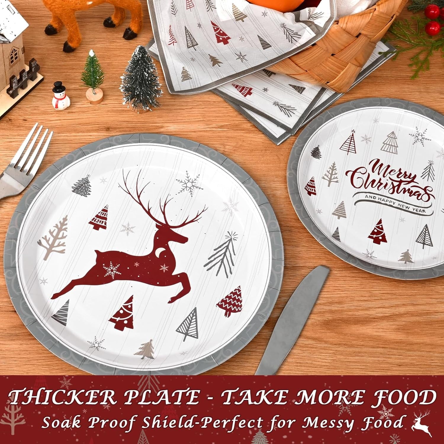 DAZLUTE 200 PCS Christmas Paper Plates and Napkins Serves 50 Guests, Elk Christmas Tree Disposable Dinnerware Set for Christmas Party