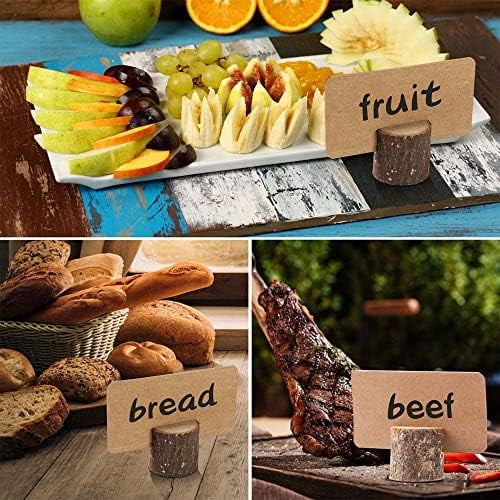 18Pcs Premium Wood Place Card Holders and 30Pcs Kraft Table Place Cards, Rustic Table Number Holders, Wood Photo Holders, Ideal for Wedding Party Table Name and More