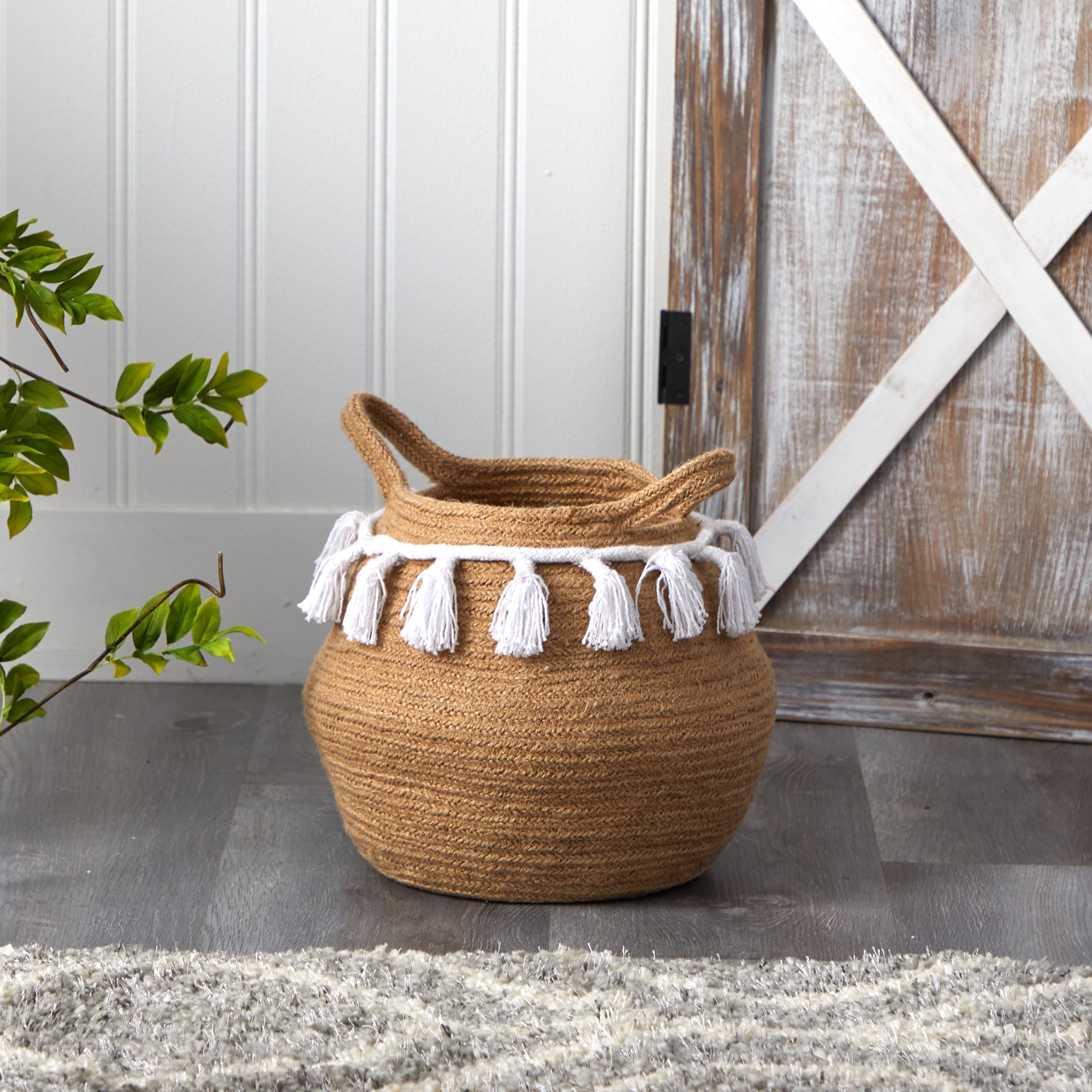 Nearly Natural 12" x 12" x 11" Bowl Beige Burlap and Cotton Plant Planter