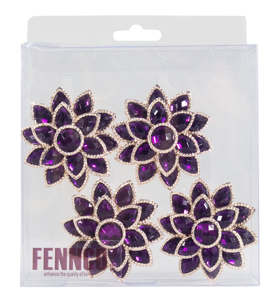 Rhinestone Crystal Flower Napkin Rings Wedding Holiday Table Decoration - Set of 4 (Purple Crystal Flower)