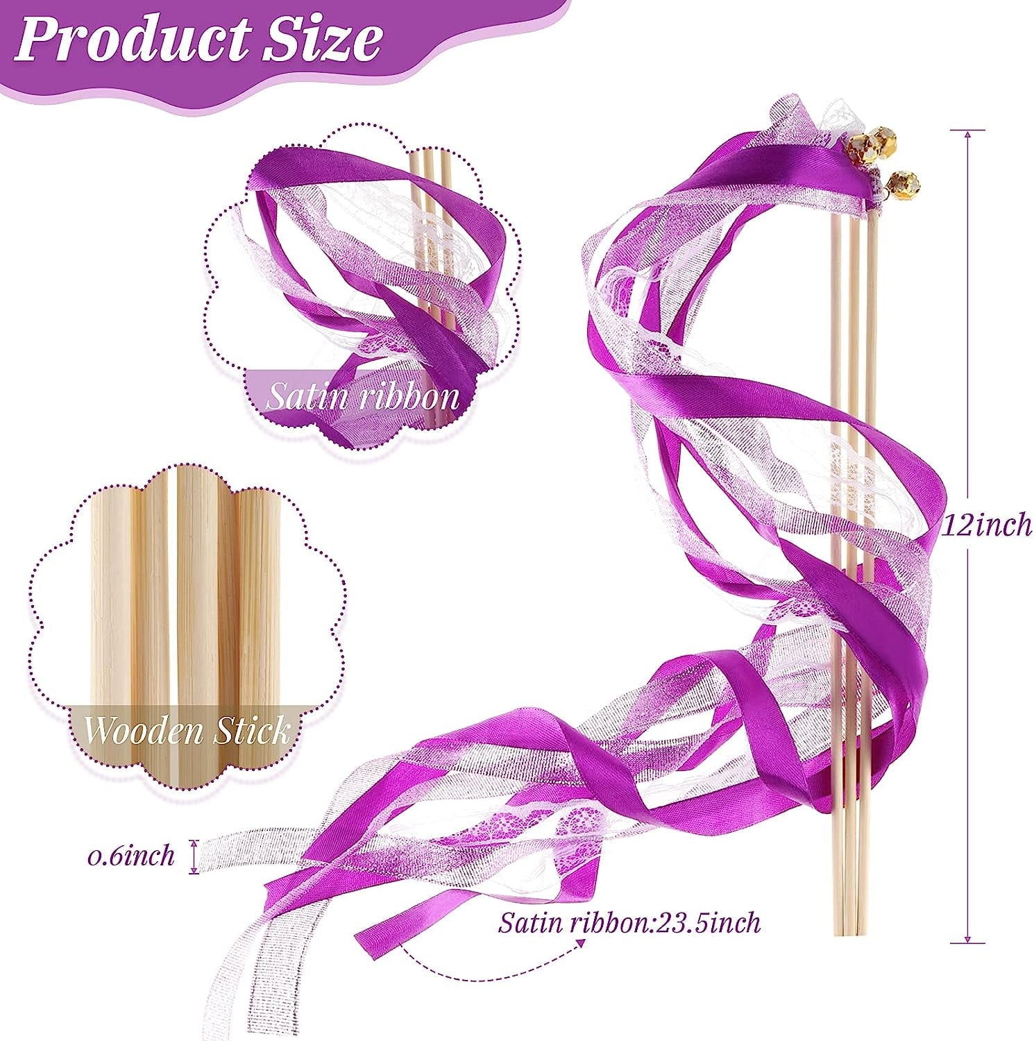 50 Pieces Ribbon Wands Wedding Streamers with Bells, Lace Fairy Stick Wand Party Ribbon Streamers Chromatic Silk Streamers for Party, Birthday and Holiday