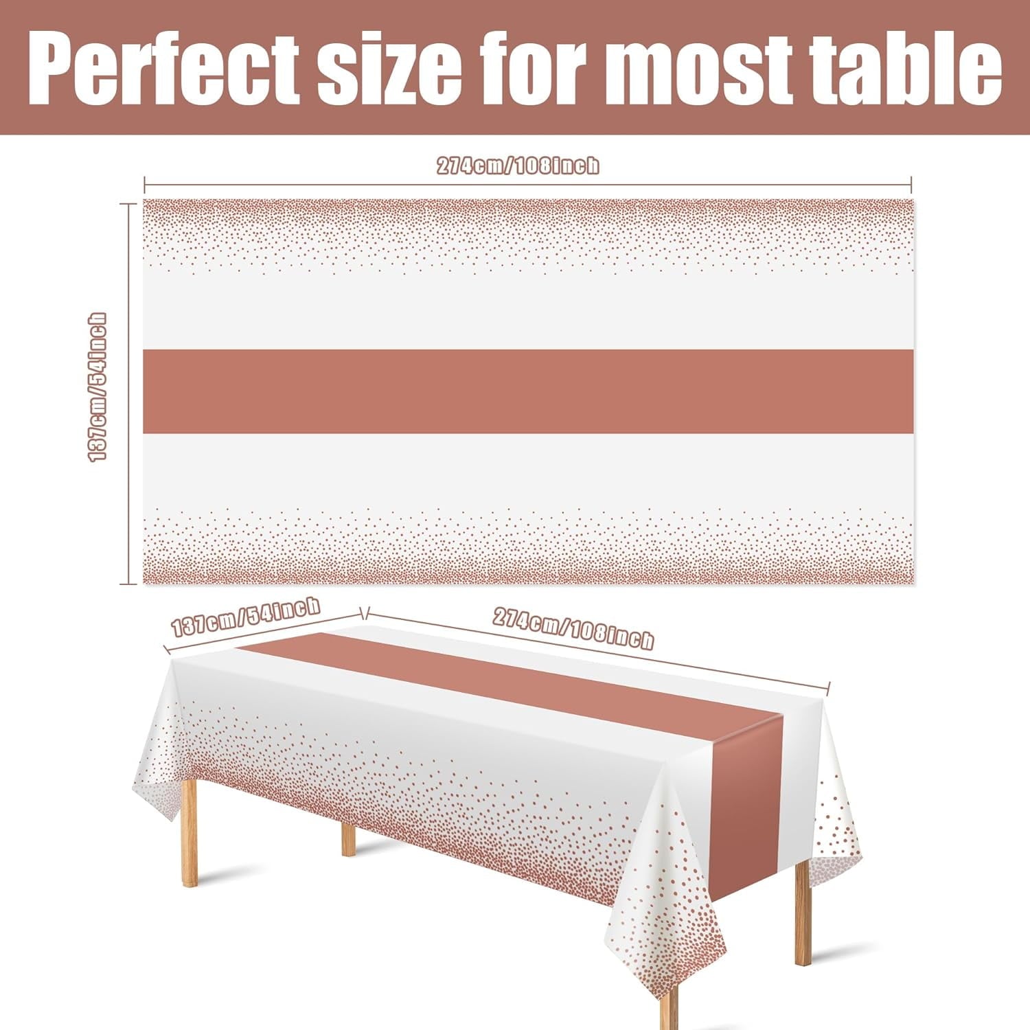 8 Pack Disposable Plastic Table Cloths for Parties,White and Rose Gold Dot Rectangle Table Covers for Wedding Birthday Baby Shower First Communion Decorations 54" x 108"