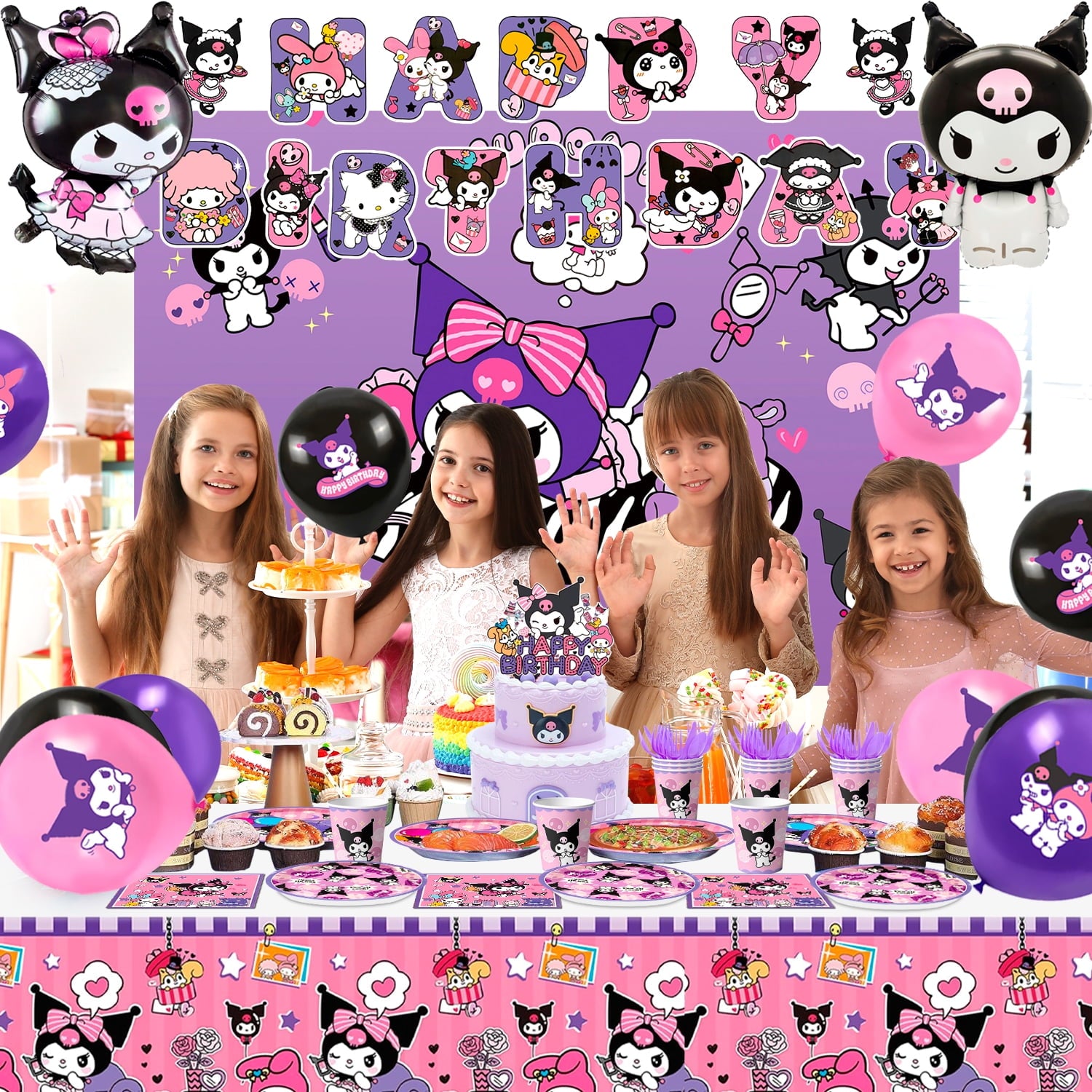 Kuromi Birthday Decorations Supplies,113 Pcs Kuromi Birthday Party Supplies Kit - Kuromi Birthday Plates Cups Napkins Tablecloth & Kuromi Balloons Banner etc Kuromi Party Decorations