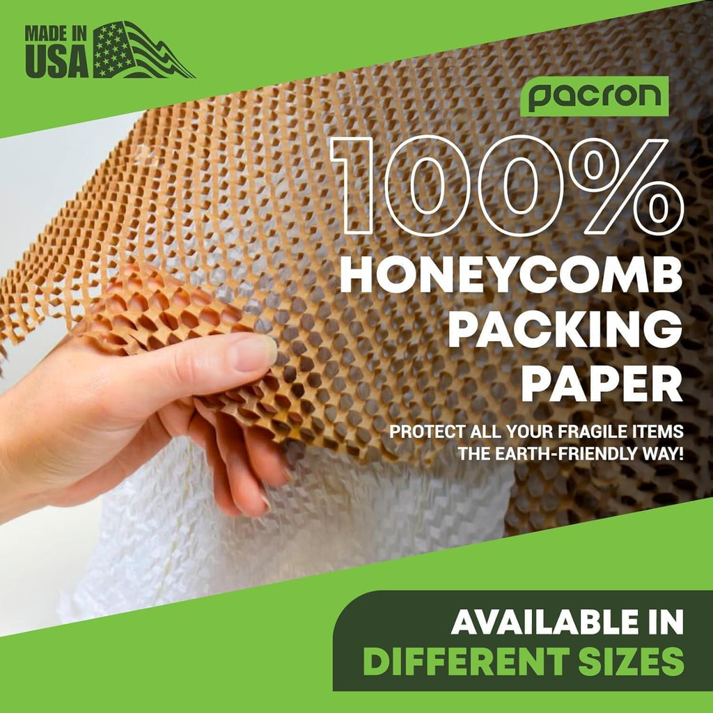 Pacron Recyclable Honeycomb Packing Paper Roll - Brown Kraft Wrapping Paper for Gifts & Products - Eco-Friendly Alternative to Bubble Wrap - Biodegradable & Compostable - Made in USA (20'' x 875'')