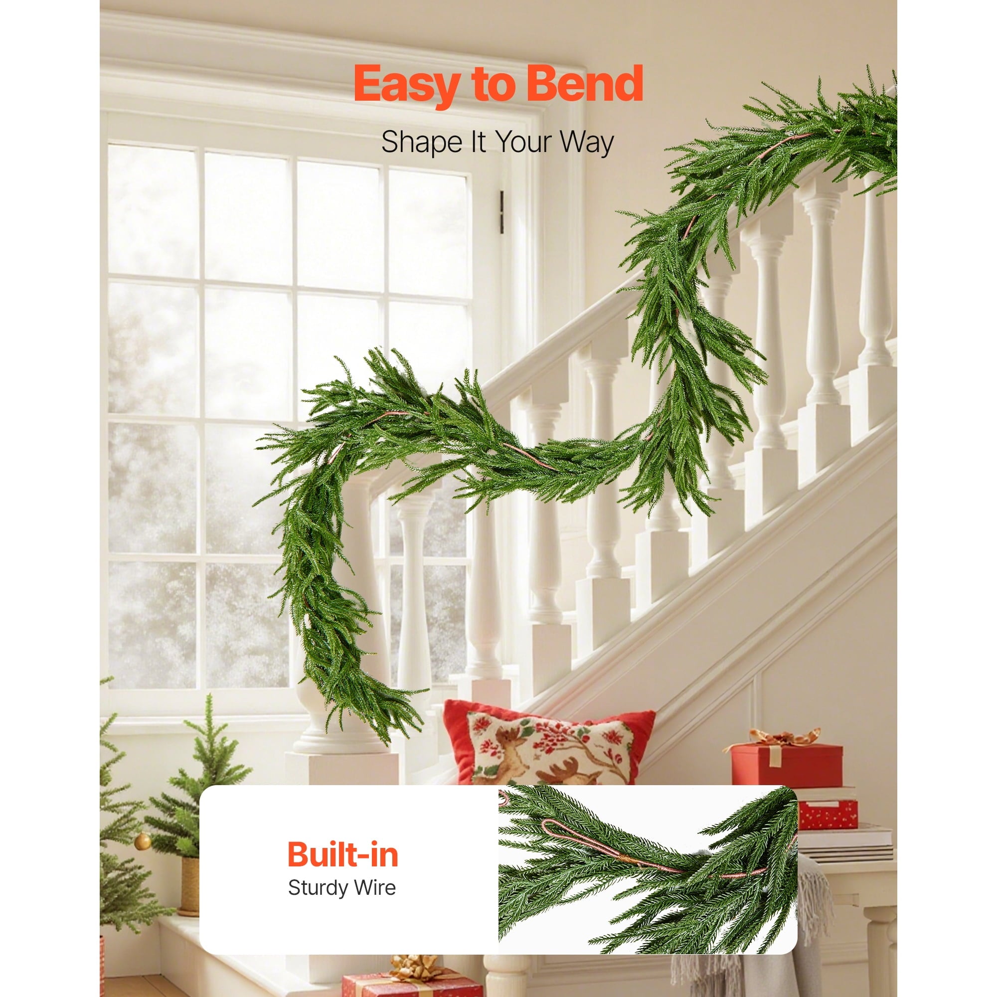 KFFKFF 9-FT Christmas Garland, Realistic Norfolk Pine Design, Artificial Evergreen Greenery for Indoor and Outdoor Holiday Decorations on Tables, Mantels, and Fireplaces