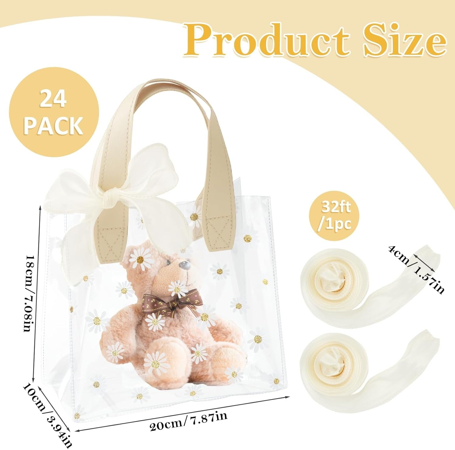 24 Pack Clear Gift Bags with Handle, Inches Reusable PVC Party Favor Bags Gift Wrap Tote Bags with 2 Ribbons, Cute Goodies bags for Wedding Birthday Boutique Shopping, 7.87 x 7.09 x 3.94 (white)