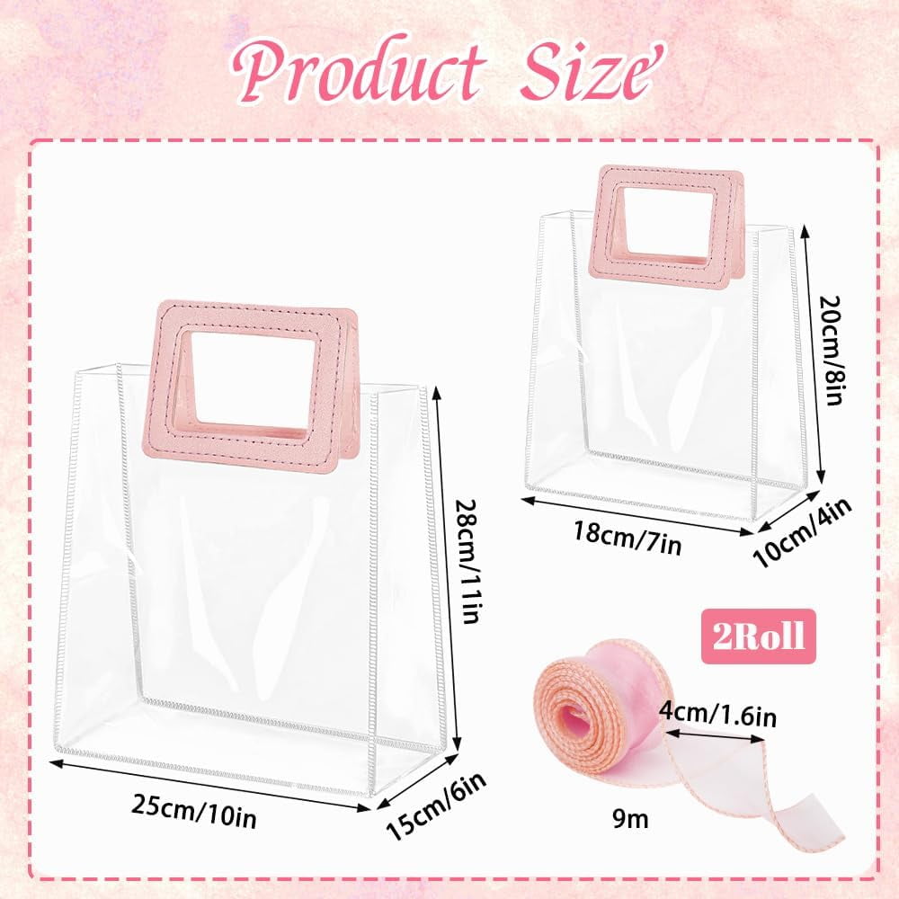 24 Pcs Clear Gift Bags with Handles, Transparent PVC Gift Bag with Ribbon, Reusable Plastic Shopping Bags, Heavy Duty Gift Wrap Bags for Bridal Party Baby Shower Wedding Birthday (10x11x6In-Large)