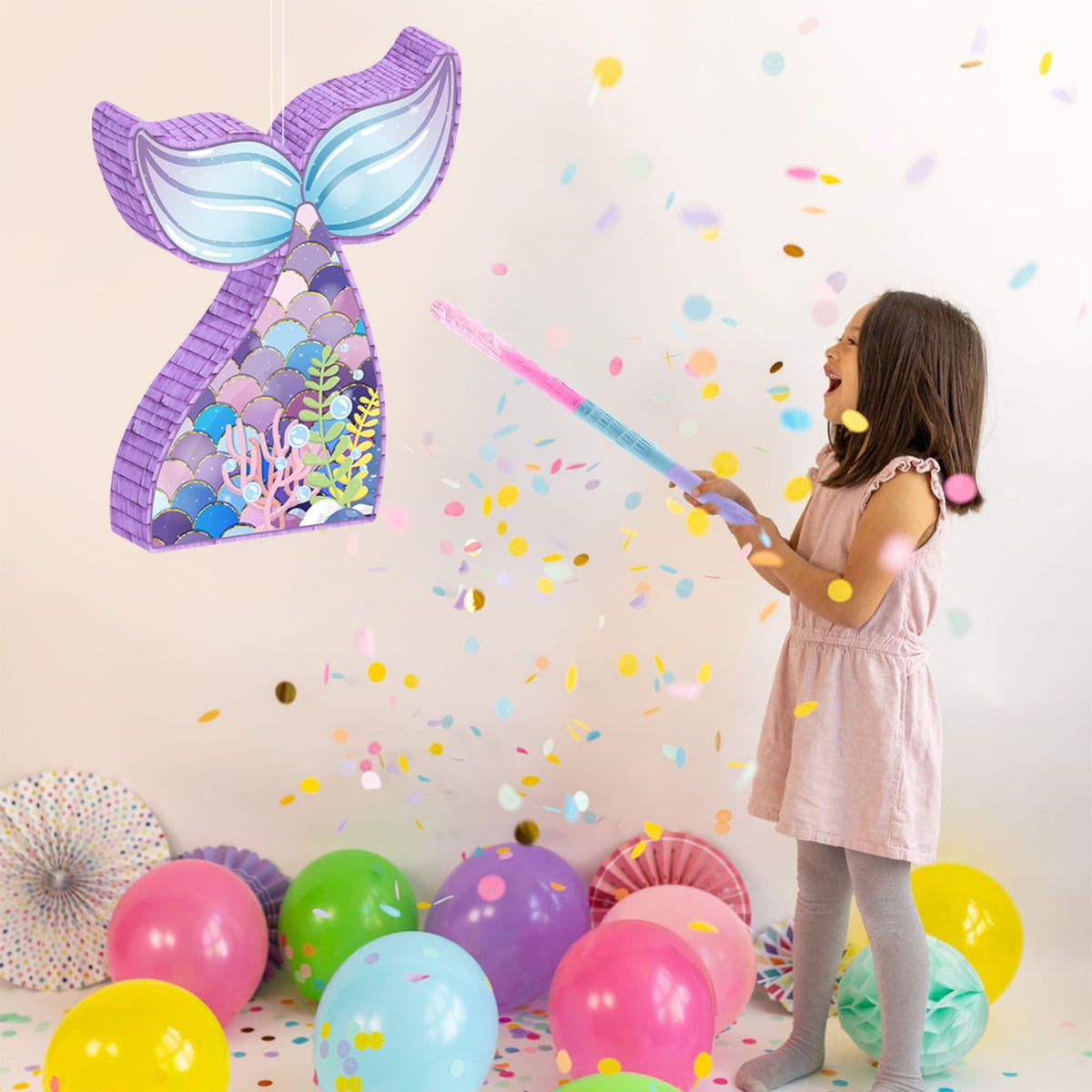 Mermaid Pinata,Mermaid Party Supplies, Mermaid Tail Pinata with Plastic Bat and Paper Blindfold for Kids Ocean Theme Party Game Carnival Activity Decoration (16.1''X12.4''X2.9'')