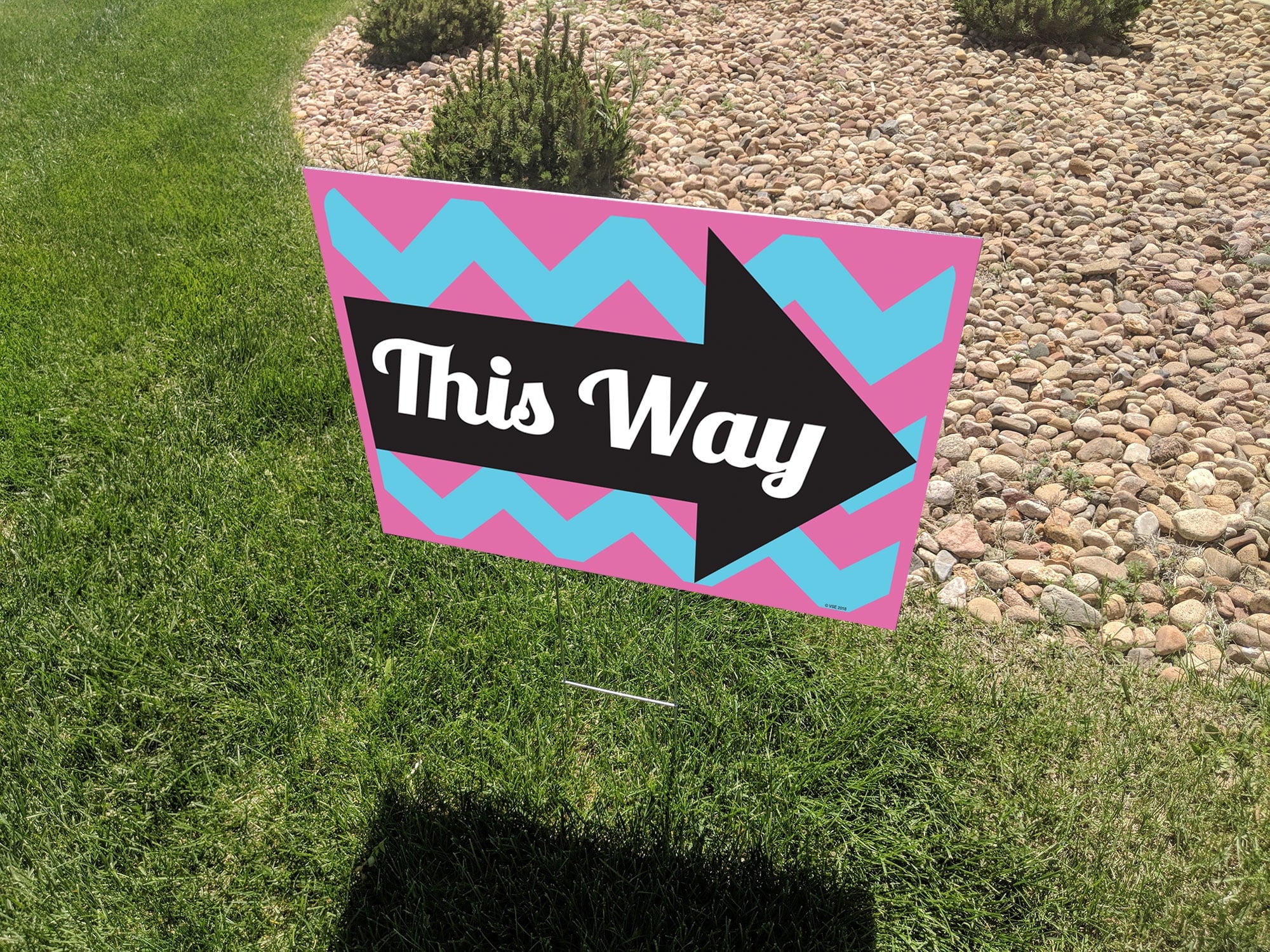 18x24 "Gender Reveal Party" double sided lawn sign kit with 6x24 H-stakes. Brightly colored Pink, Blue, Black and Silver on white 'He or She?" sign with Directional Arrow sign included