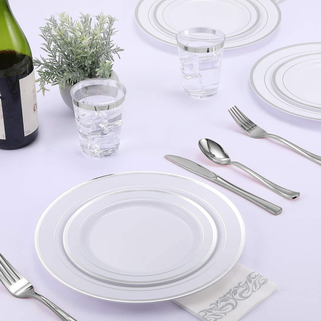 FOCUSLINE Silver Dinnerware Set, Heavy Duty Disposable Plastic Plates, 50 Plastic Plates-25 Plastic Silverware-25 Plastic Cups-25 Paper Napkins, 175 Pack