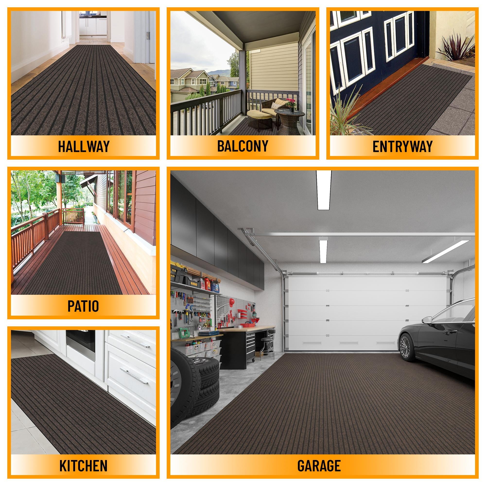 Ottomanson Non-Slip Hallway Runner Rug 2' x 9' Indoor/Outdoor Custom Size Utility Carpet for Garage, Brown Ribbed