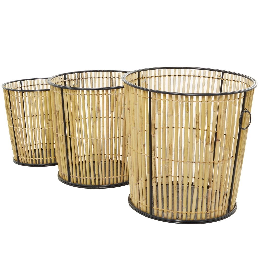DecMode 20", 18", 15"H Light Brown Rattan Handmade Slatted Frame Storage Basket with Ring Handles, 3-Pieces