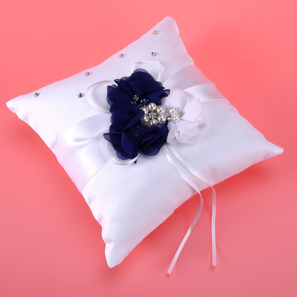 WORGEOUS 3pcs 20*20cm Embellished Wedding Ring Pillow Cushion Pearl Flower Decorated Ring Bearer Pillow (Blue & White Flower)