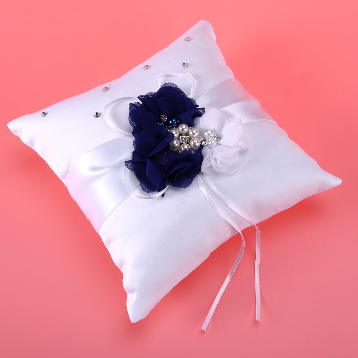 WORGEOUS 3pcs 20*20cm Embellished Wedding Ring Pillow Cushion Pearl Flower Decorated Ring Bearer Pillow (Blue & White Flower)