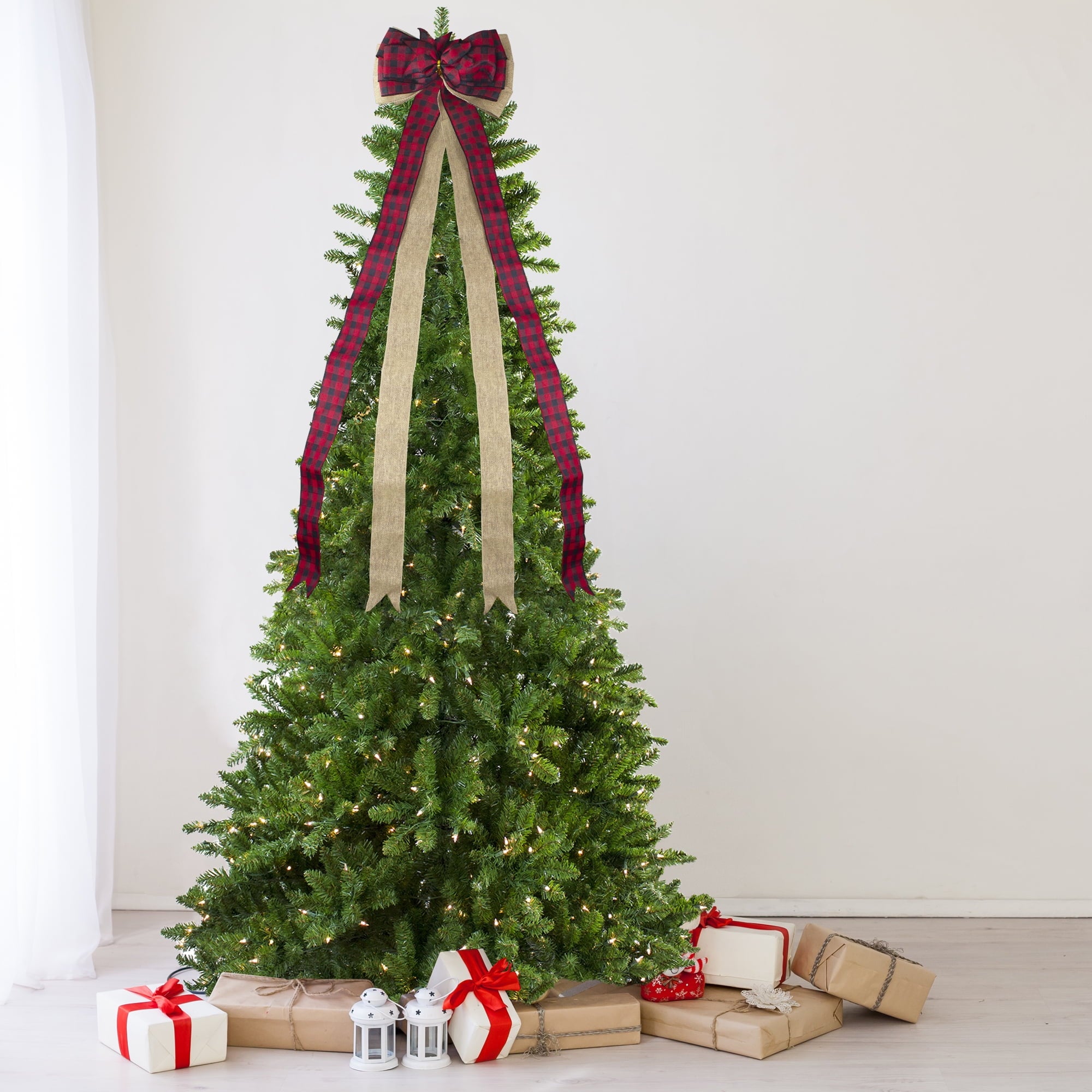 Northlight 48" x 10" Burlap and Buffalo Plaid 16 Loop Christmas Bow Decoration