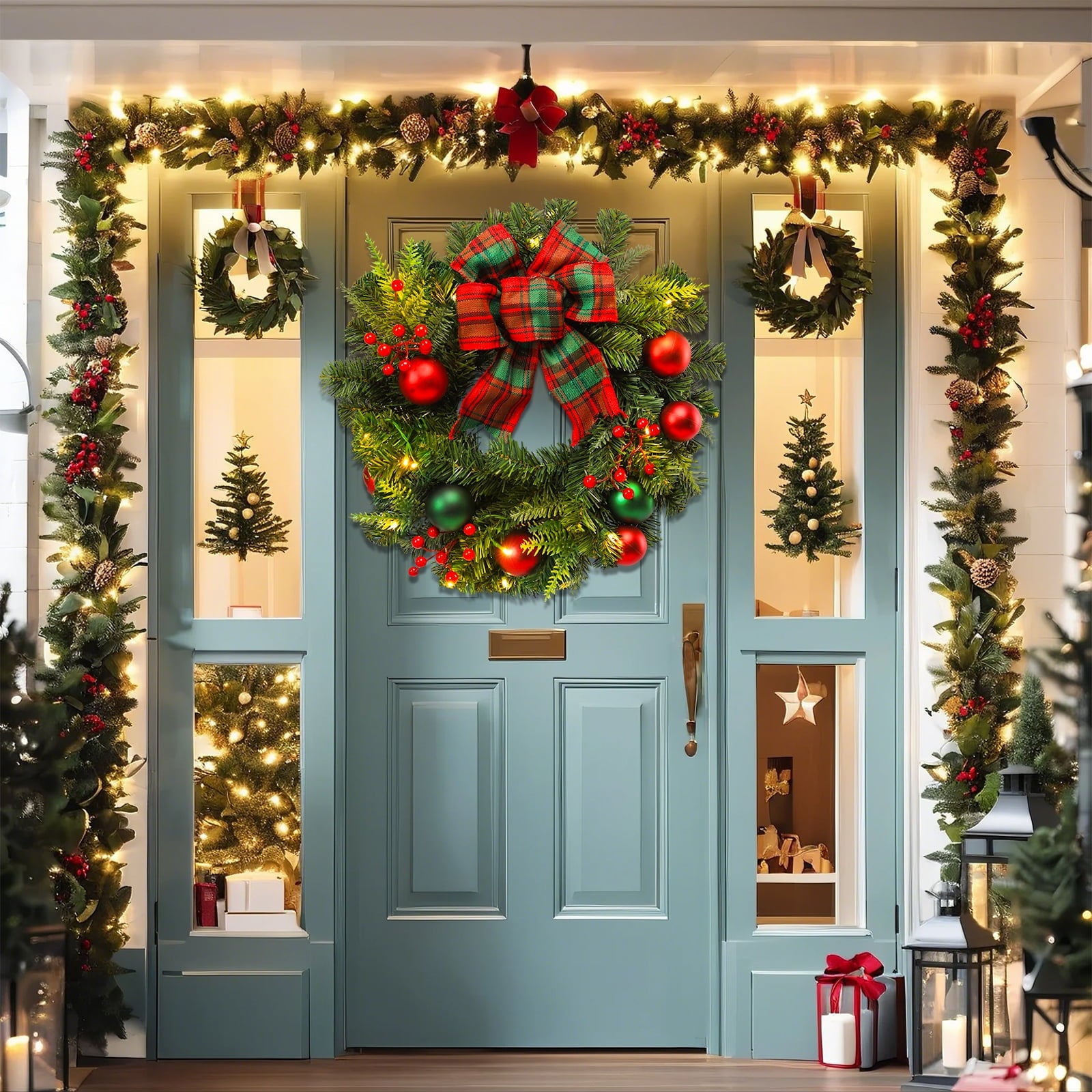 20 inch Christmas Wreaths-Christmas Wreath with Lights LED,Battery Operated LED light Wreath with ball bow for christmas festival party, patio, farmhouse decoration(green and red)
