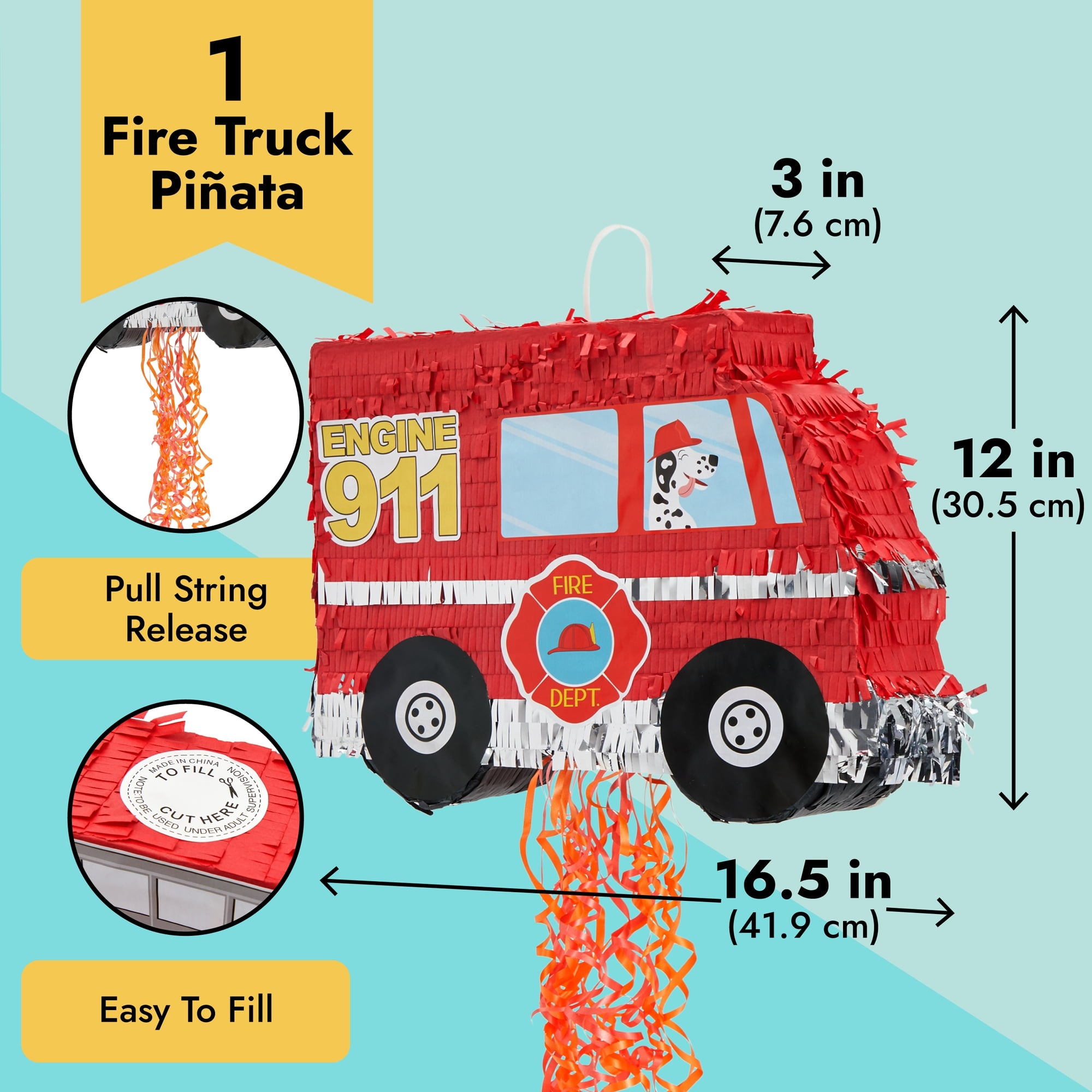 Pull String Fire Truck Pinata for Birthday Party Decorations, Firefighter Party Supplies (Small, 16.5 x 13 x 3 In), For Ages 3+