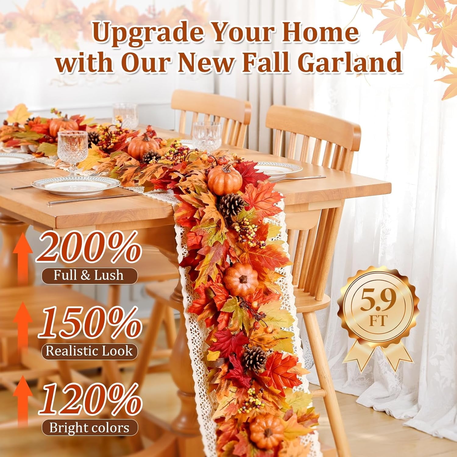 Waipfaru 6ft Fall Garland for Mantle, Lighted Fall Leaves Garland with Pumpkins Maple Leaves Pine Cones for Home Thanksgiving Fall Decoration