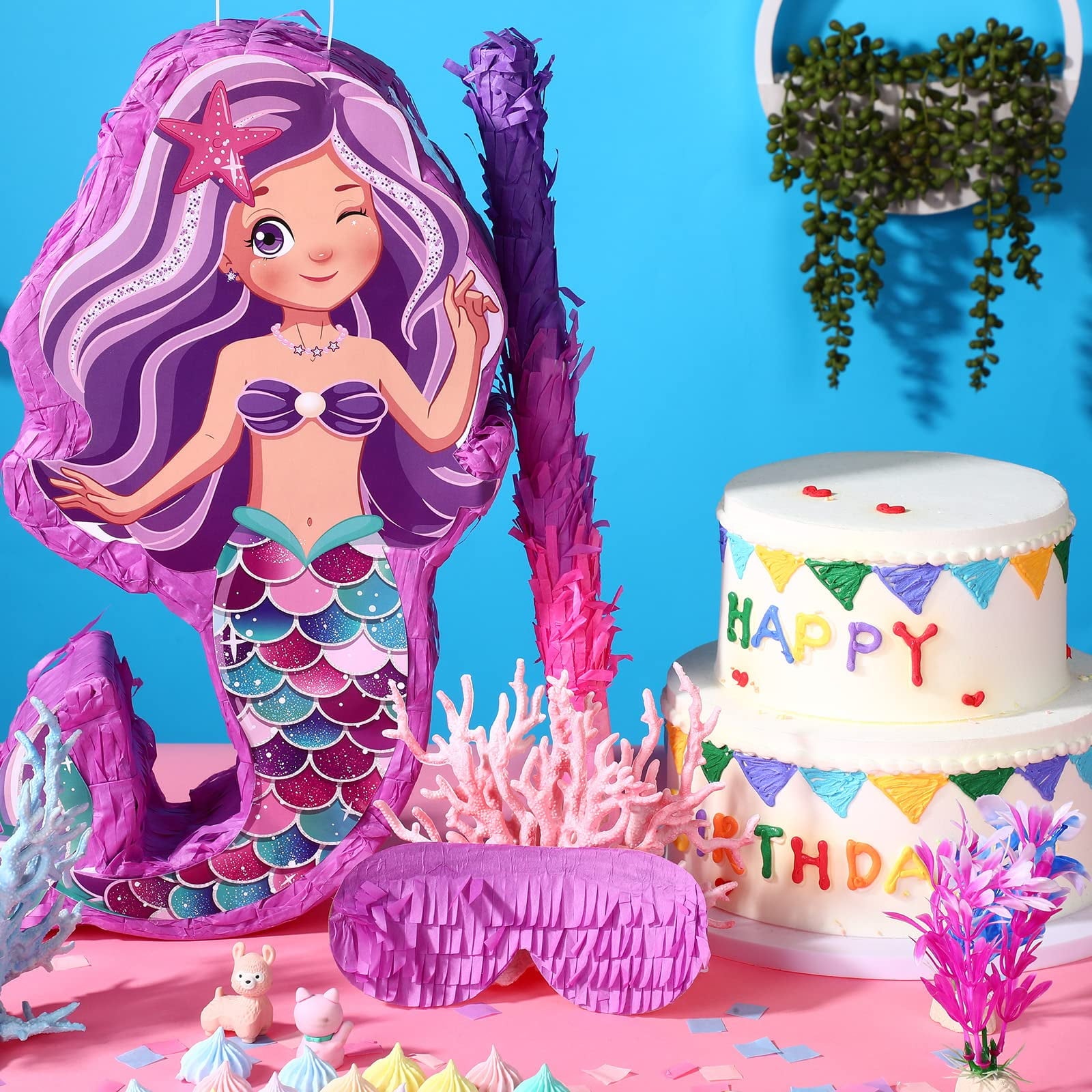 JBee Ctrl Mermaid Pinata - Mermaid Party Supplies Pinata Bundle with Blindfold and Bat for Girls Kids Ocean Theme Birthday Party Game Decorations (15.8" x 11.8" x 3.5")