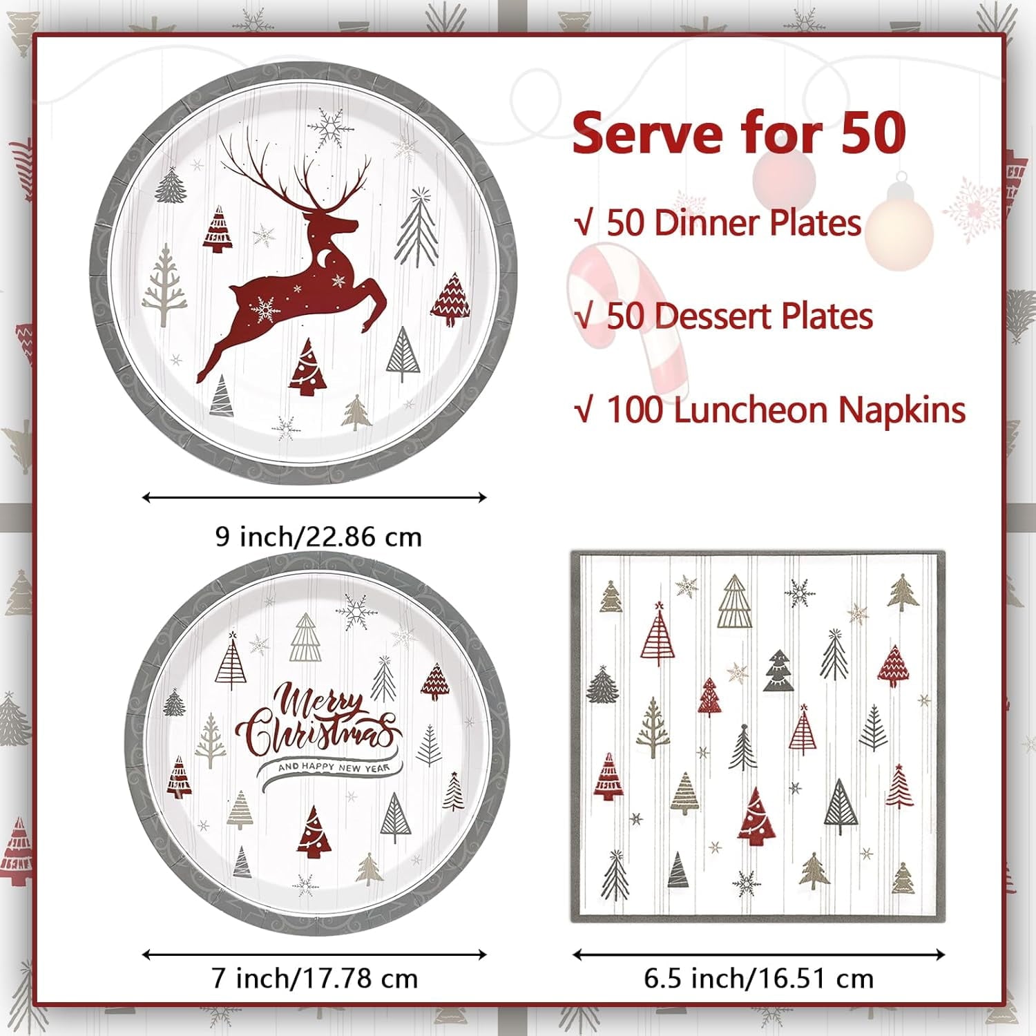 DAZLUTE 200 PCS Christmas Paper Plates and Napkins Serves 50 Guests, Elk Christmas Tree Disposable Dinnerware Set for Christmas Party