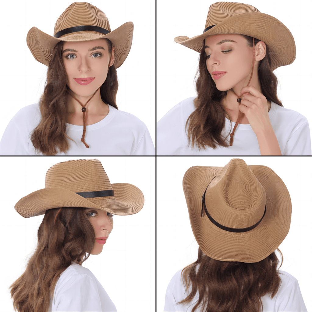 (2 pack) EINSKEY Straw Cowboy Hats for Men, Western Cowgirl Hat Women Wide Brim Fedora for Beach,Khaki