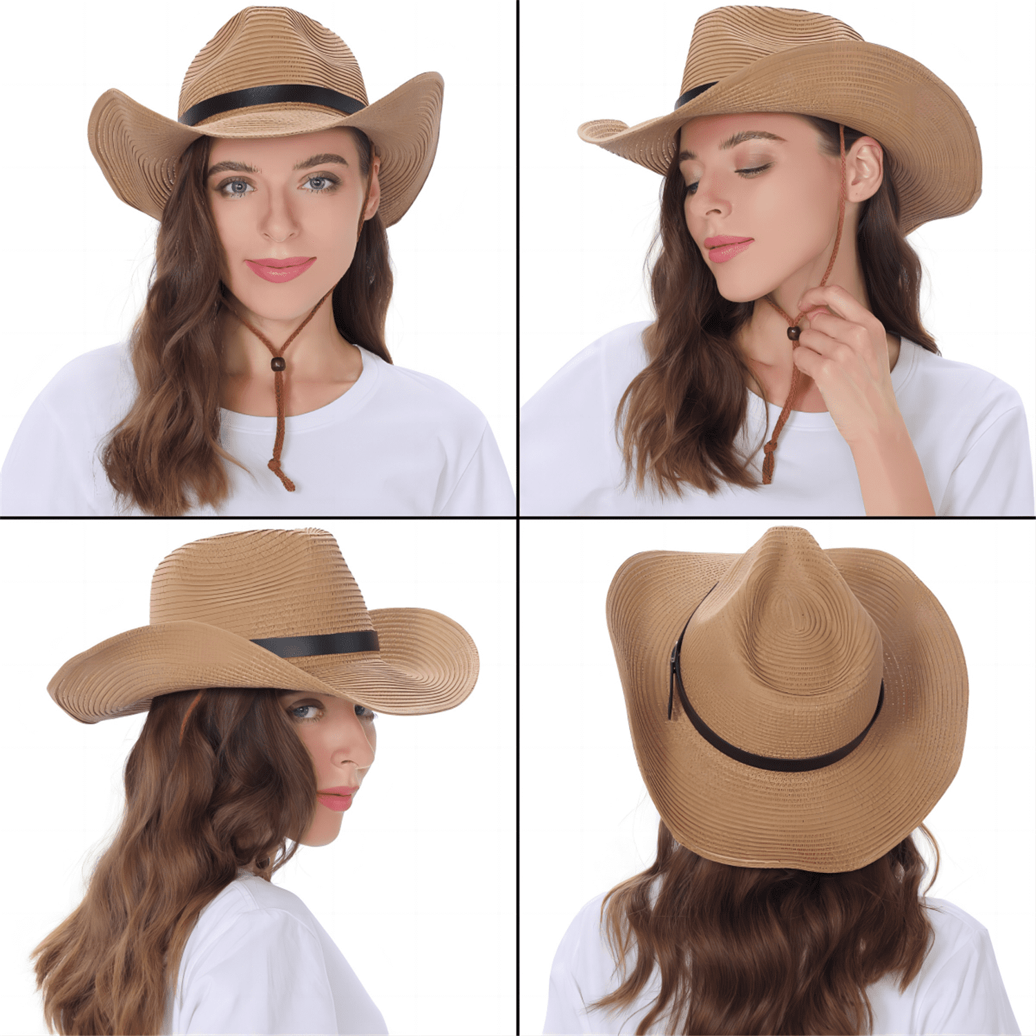 (2 pack) EINSKEY Straw Cowboy Hats for Men, Western Cowgirl Hat Women Wide Brim Fedora for Beach,Khaki