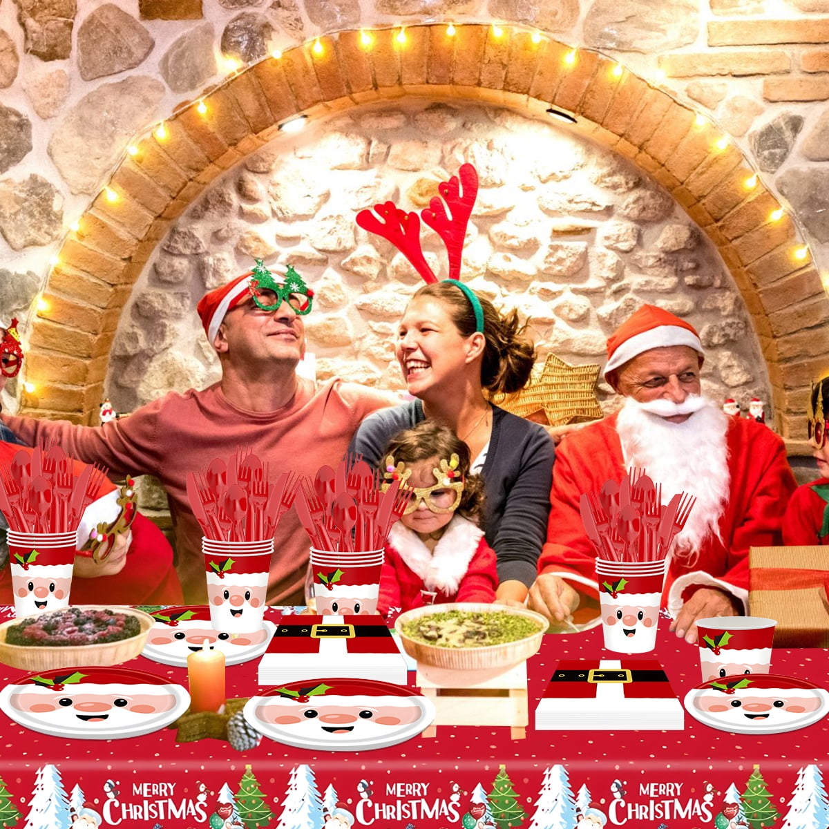 Christmas Paper Plates Dinnerware Santa Clous Christmas Party Supplies Decorations  Kids Disposable Dishes Napkins Tablecloth Serve 24 Design1
