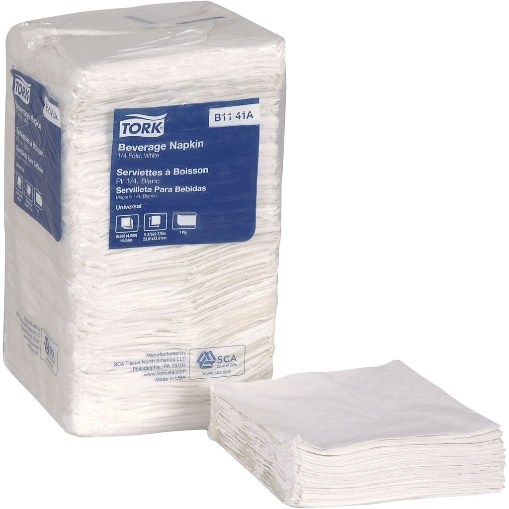 Tork Universal Beverage Napkin, 1-Ply,9.125x9.125, 1/4 Fold,Poly-Pack,White, 4000/CT -TRKB1141A