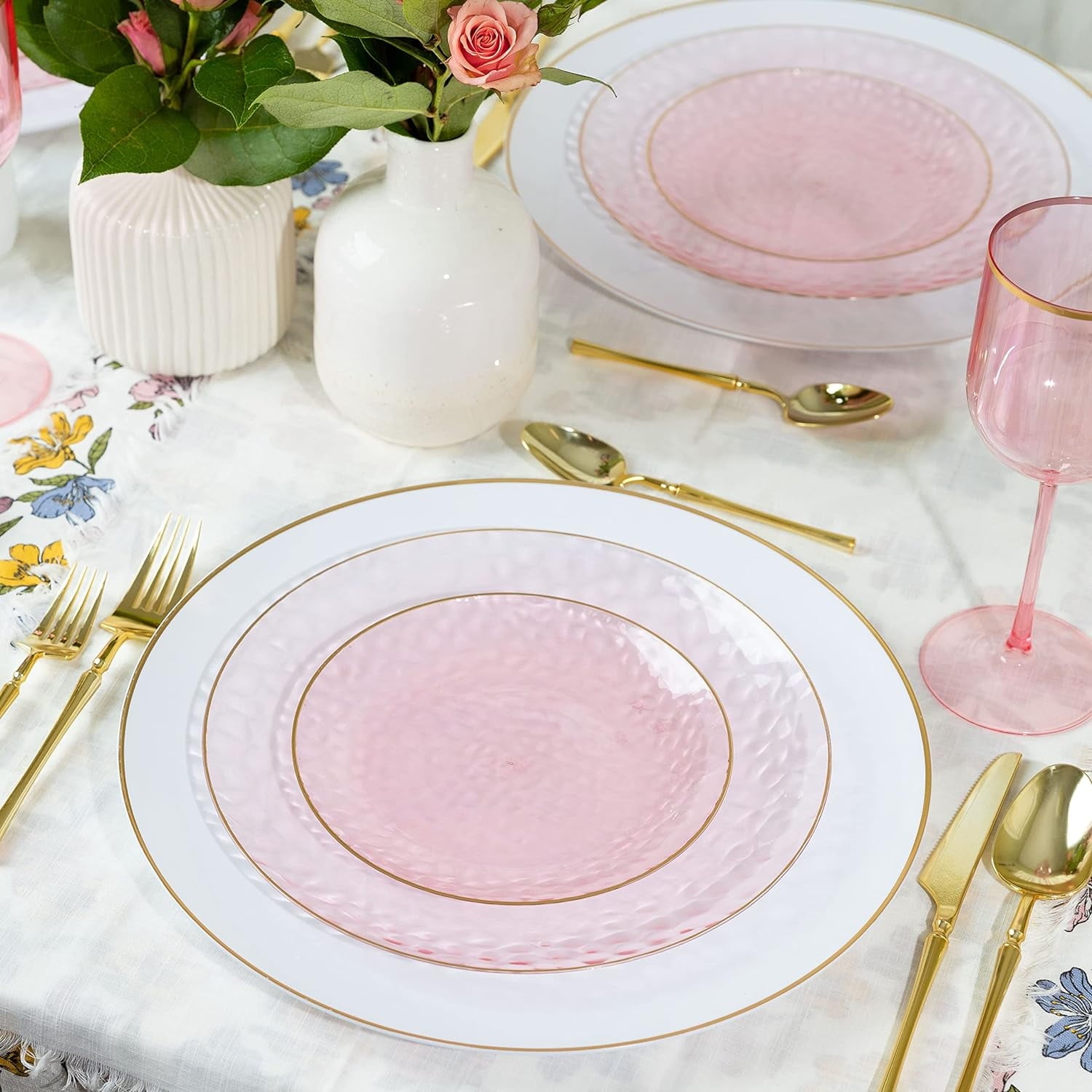 PLASTICPRO 64-piece Pink Hammered Plastic Plates Combo Set Disposable Elegant Plates for Party, 7'' & 10''