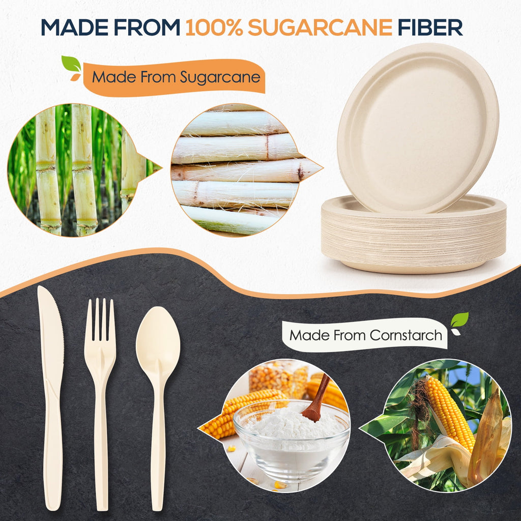 Gezond 250Pcs Disposable Paper Plates Set, Compostable Plate Sugarcane Utensils Eco Friendly Dinnerware Kit Includes 50 Biodegradable Plates, Forks, Knives and Spoons