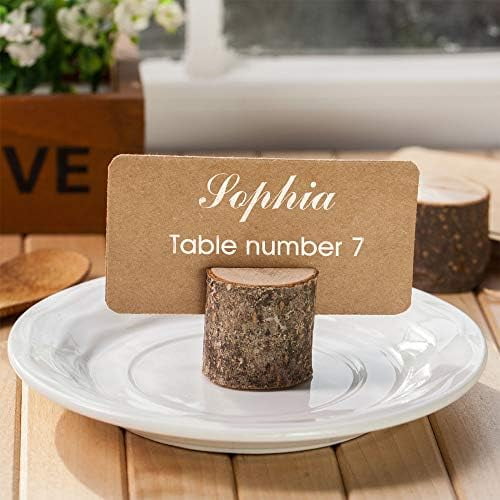 18Pcs Premium Wood Place Card Holders and 30Pcs Kraft Table Place Cards, Rustic Table Number Holders, Wood Photo Holders, Ideal for Wedding Party Table Name and More
