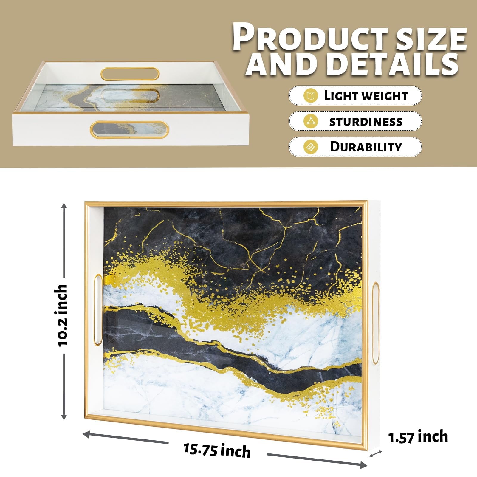MAONAME White Decorative Tray, 15.7" X 11.8" Plastic Serving Tray with Handles, Printed Marble Glass Tray, Rectangular Tray for Coffee Table