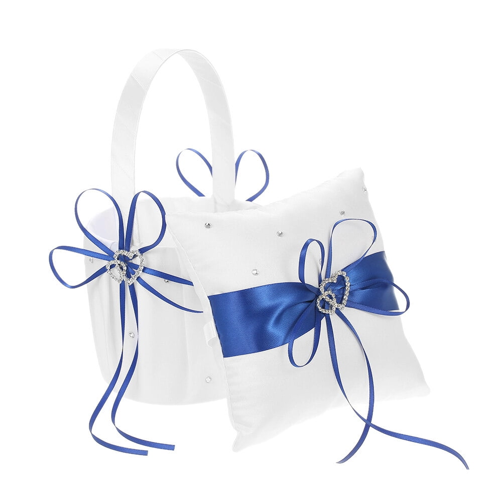 Leyfeng 6 * 6 inches Double Heart Satin Ring Bearer Pillow and Wedding Flower Girl Basket Set with Rhinestone Ribbon Decoration Blue
