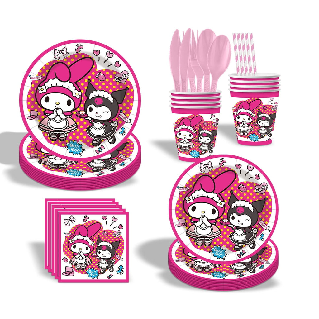 Kuromi-Melody 80/90 PCS Party Supplies, Party Tableware, Disposable Paper Plates- Napkins-Forks Dinnerware Set