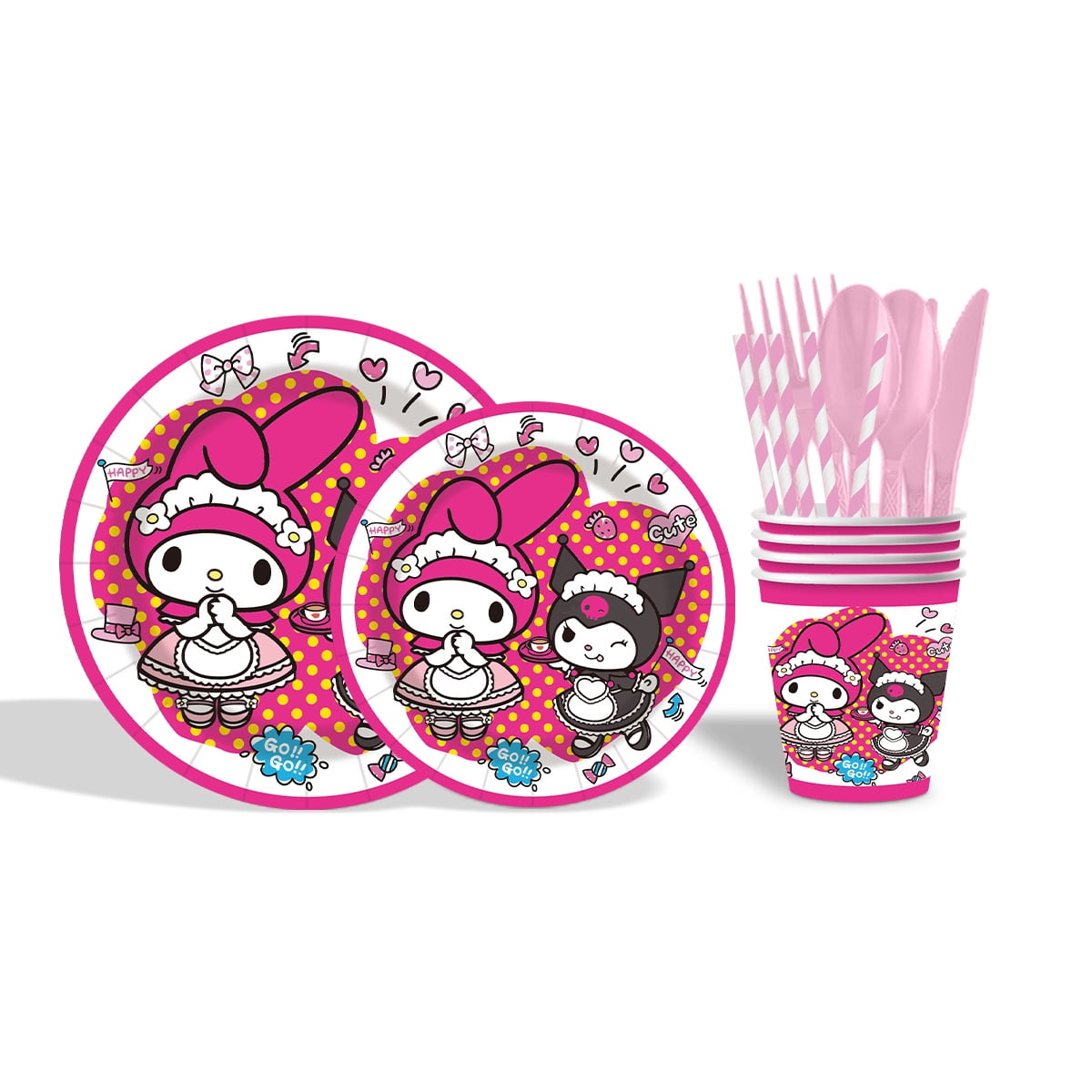 Kuromi-Melody 80/90 PCS Party Supplies, Party Tableware, Disposable Paper Plates- Napkins-Forks Dinnerware Set