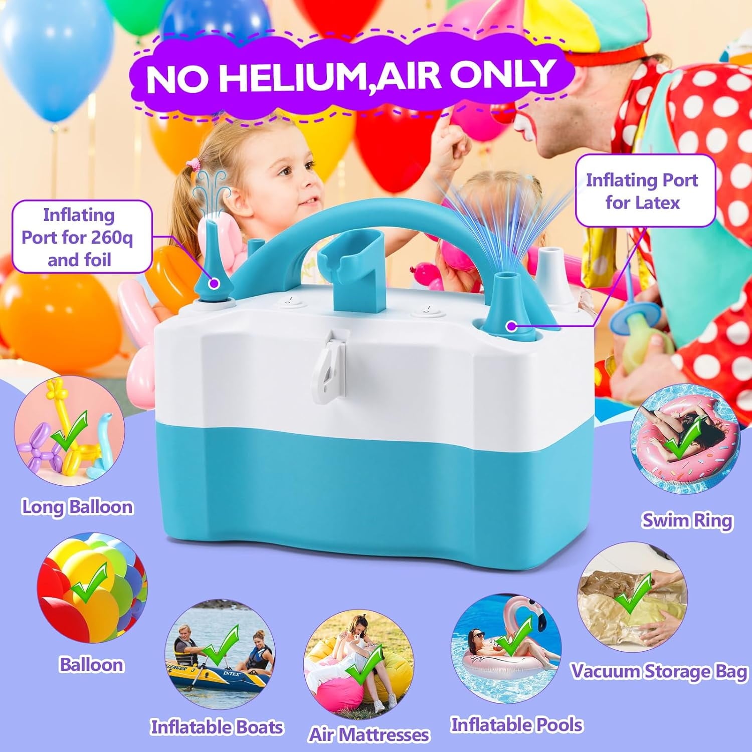 AGPTEK Balloon Pump Electric 3-in-1 Portable Air Pump Electric Air Balloon Pump 600W for 260q Foil Mylar Latex Double-Stuffed Balloons, Inflator Deflator for Pool Floats Air Bed Compression Bag