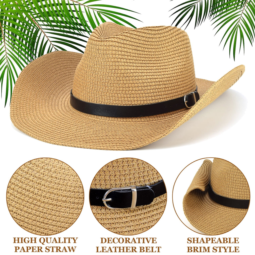 (2 pack) EINSKEY Straw Cowboy Hats for Men, Western Cowgirl Hat Women Wide Brim Fedora for Beach,Khaki
