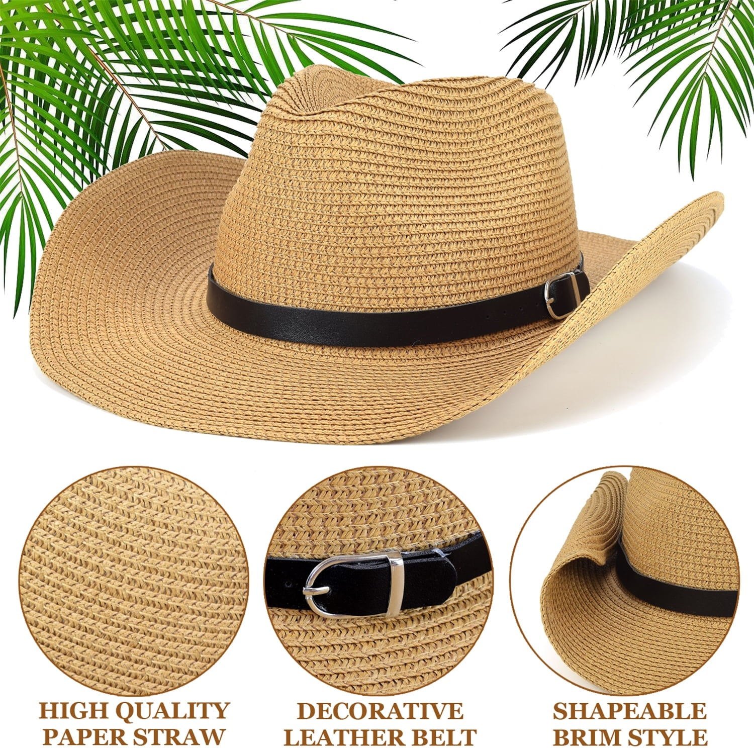 (2 pack) EINSKEY Straw Cowboy Hats for Men, Western Cowgirl Hat Women Wide Brim Fedora for Beach,Khaki
