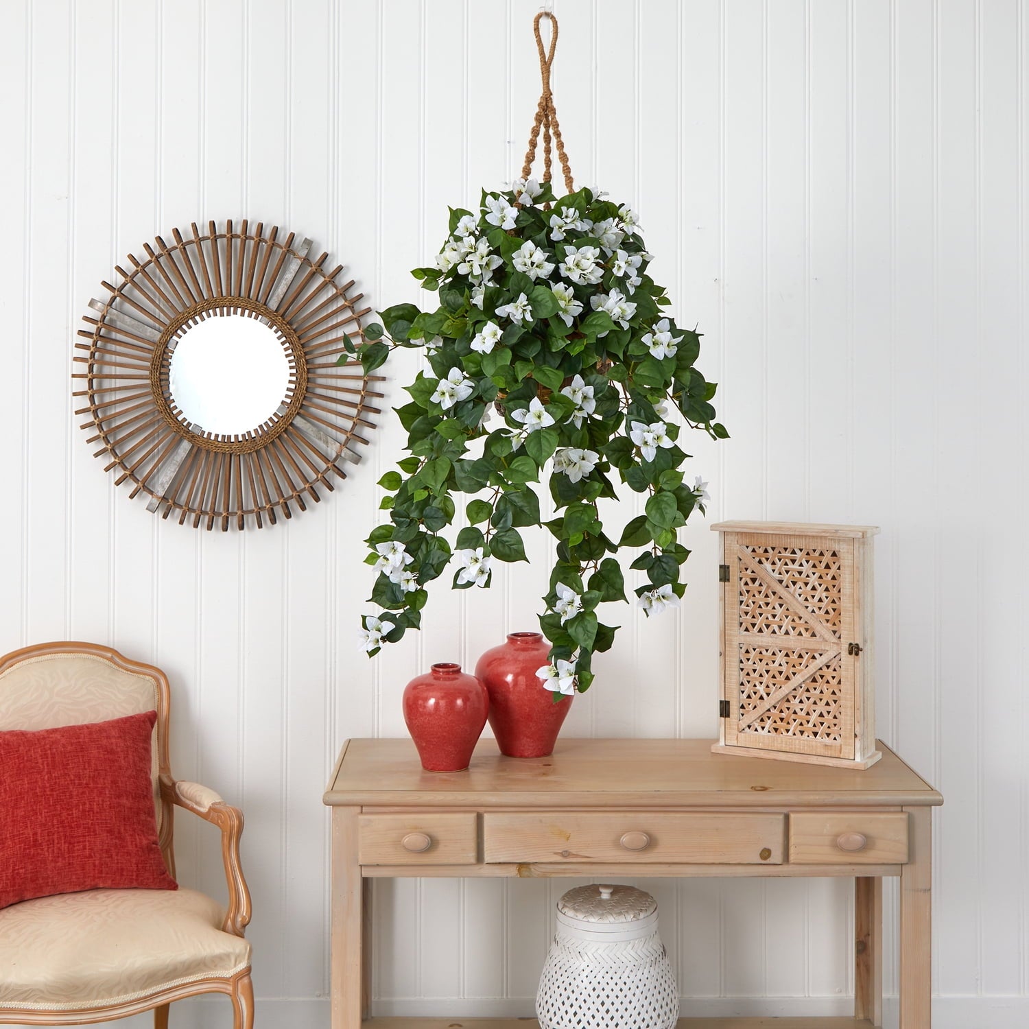 Nearly Natural Bougainvillea Hanging Basket, White