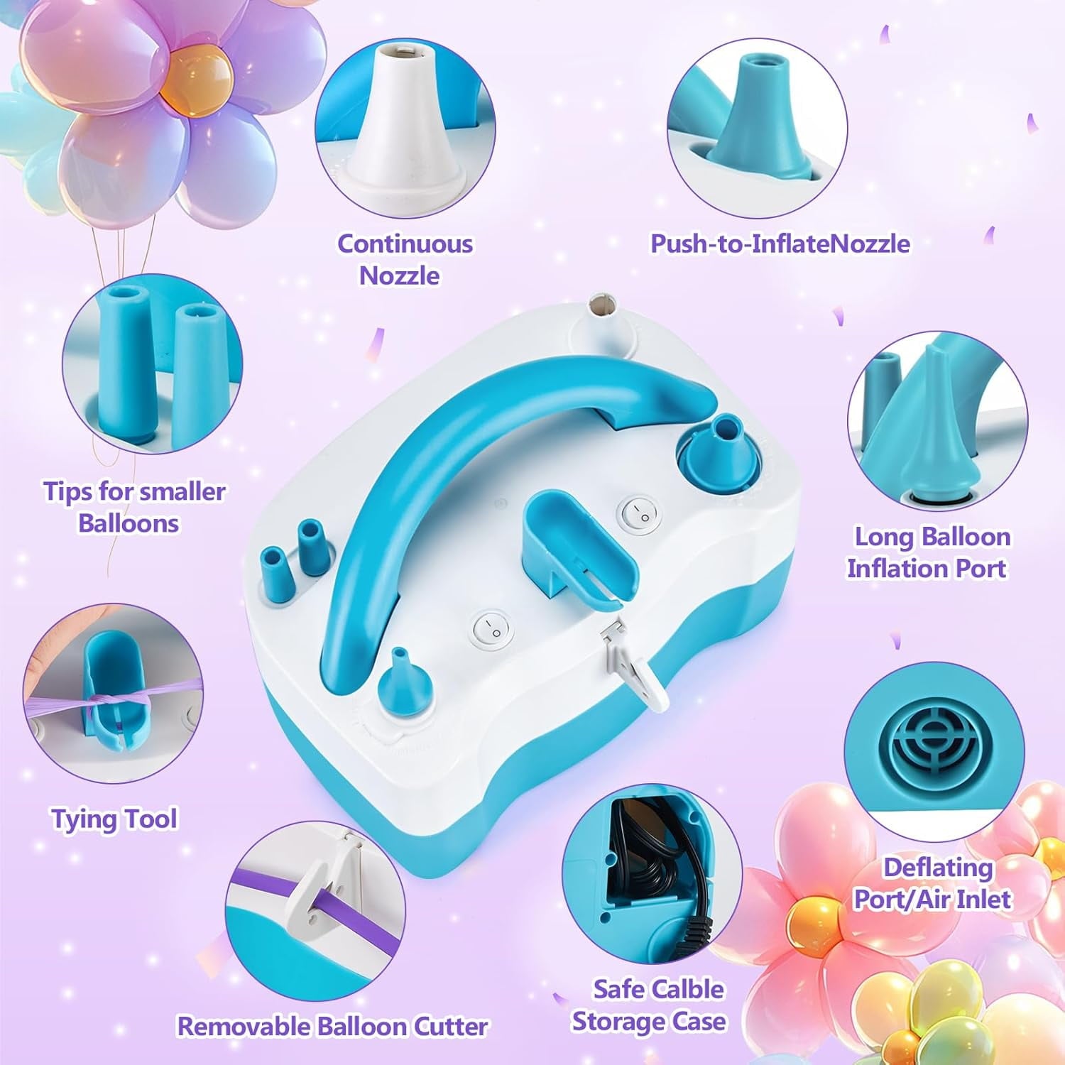 AGPTEK Balloon Pump Electric 3-in-1 Portable Air Pump Electric Air Balloon Pump 600W for 260q Foil Mylar Latex Double-Stuffed Balloons, Inflator Deflator for Pool Floats Air Bed Compression Bag