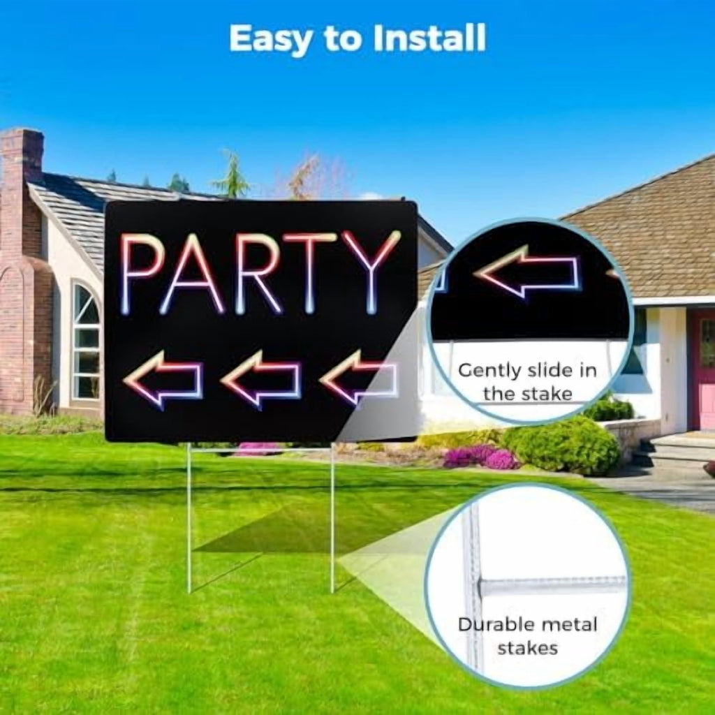 Double-Sided Party Signs 17 x 13'' With Metal H Stakes - Waterproof Corrugated Plastic Birthday Direction Signs - This Way Arrow  (2 Packs)