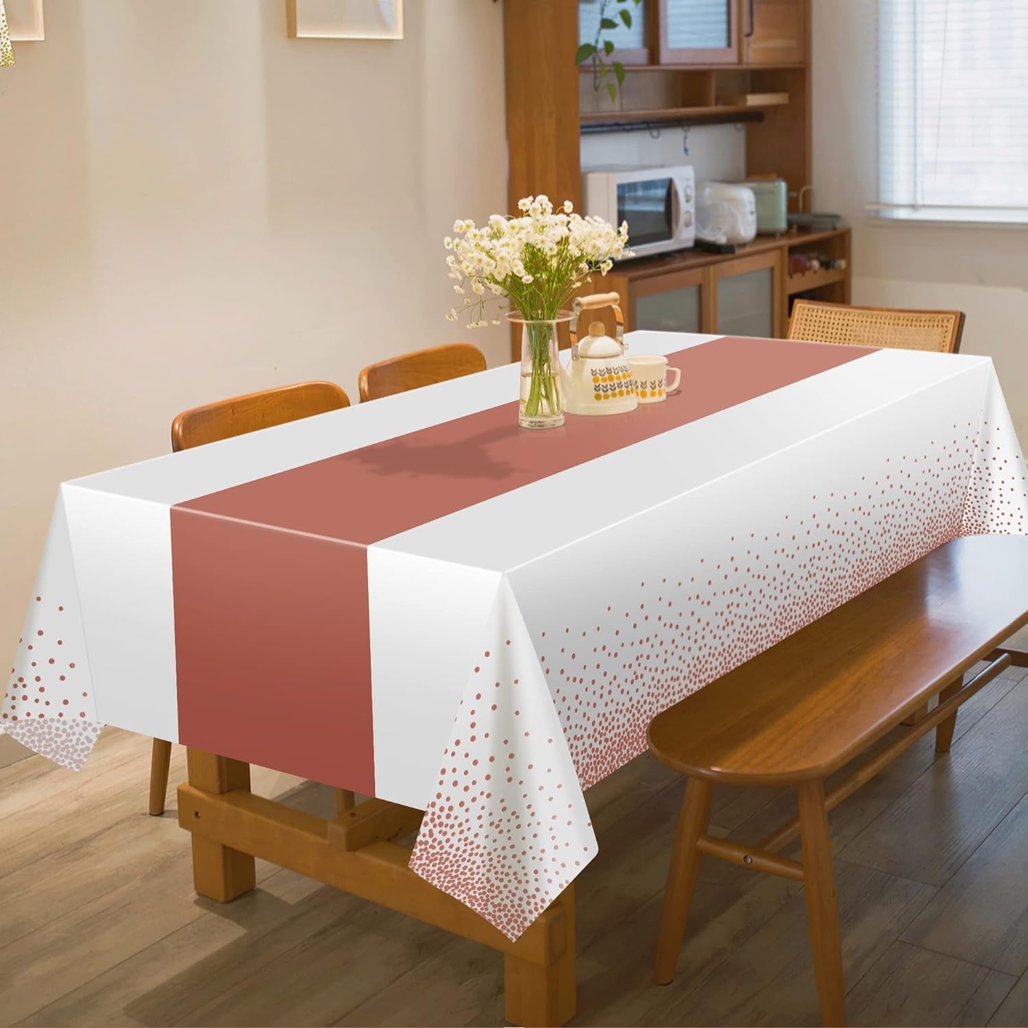 8 Pack Disposable Plastic Table Cloths for Parties,White and Rose Gold Dot Rectangle Table Covers for Wedding Birthday Baby Shower First Communion Decorations 54" x 108"