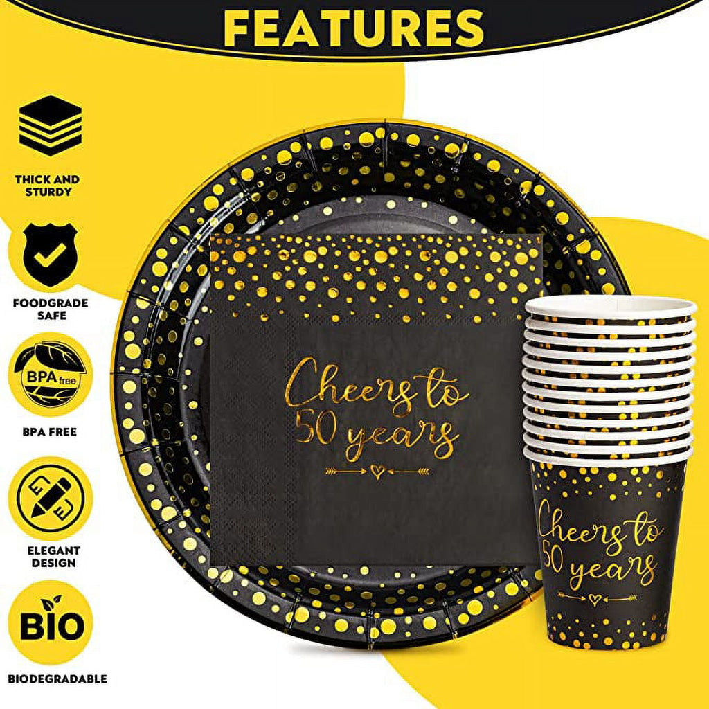 50th Birthday Party Supplies Tableware Serves 24: 9" Paper Plates 7" Plate 9 Oz Cups Napkins Forks Knives Tablecloth 50th Birthday Black & Gold Dot Themed Disposable Dinnerware