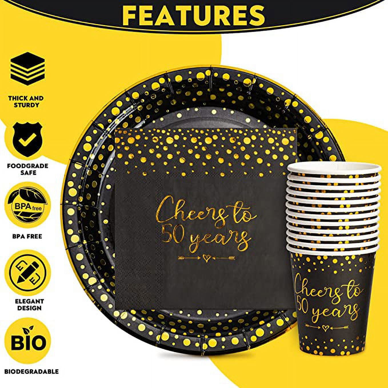 50th Birthday Party Supplies Tableware Serves 24: 9" Paper Plates 7" Plate 9 Oz Cups Napkins Forks Knives Tablecloth 50th Birthday Black & Gold Dot Themed Disposable Dinnerware