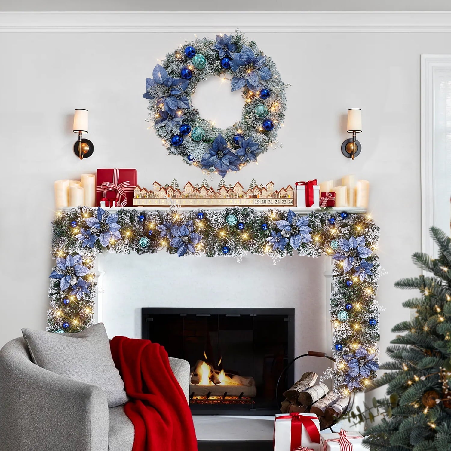 iHeartyard 24inch Wreath for Front Door, 50 LED Festival Wreaths Holiday Accents, Indoor & Outdoor Decorations