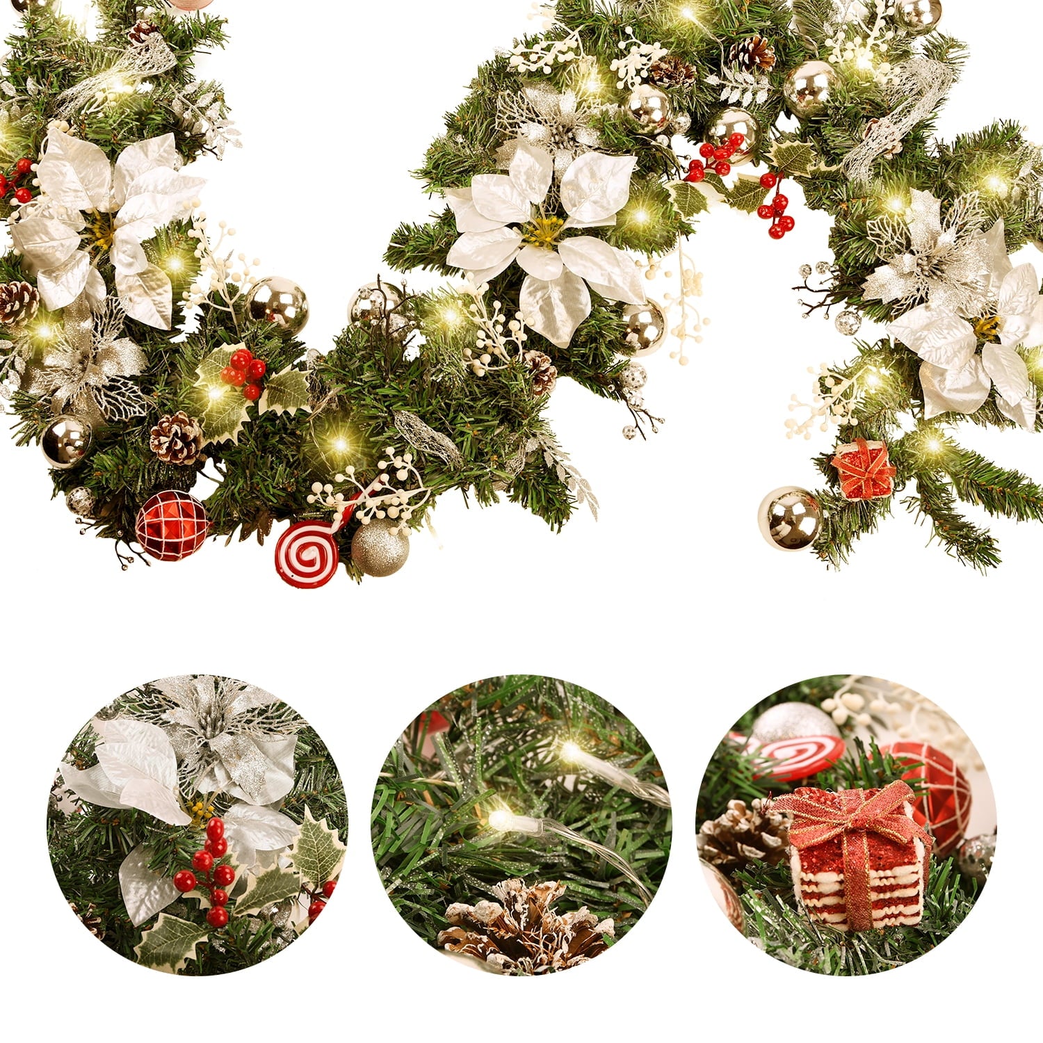 iHeartyard 24inch Wreath for Front Door, 50 LED Festival Wreaths Holiday Accents, Indoor & Outdoor Decorations